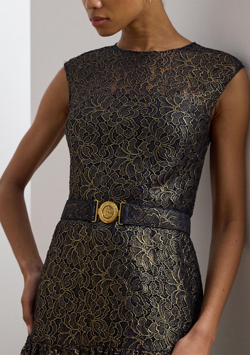 Womens Belted Metallic Lace Cocktail Dress