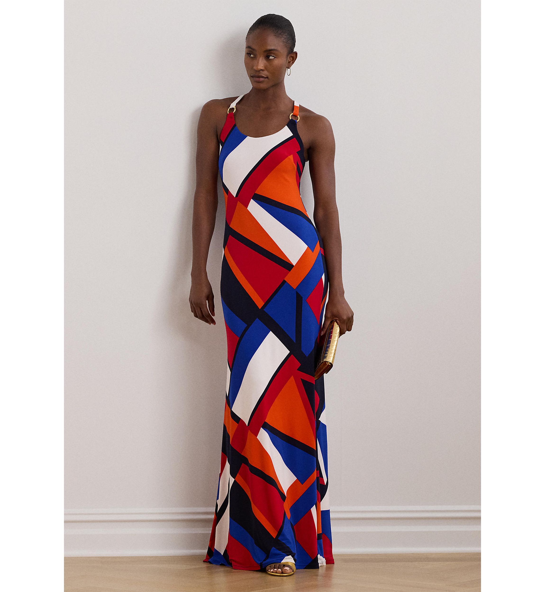 Womens Print Ring-Trim Jersey Halter Gown