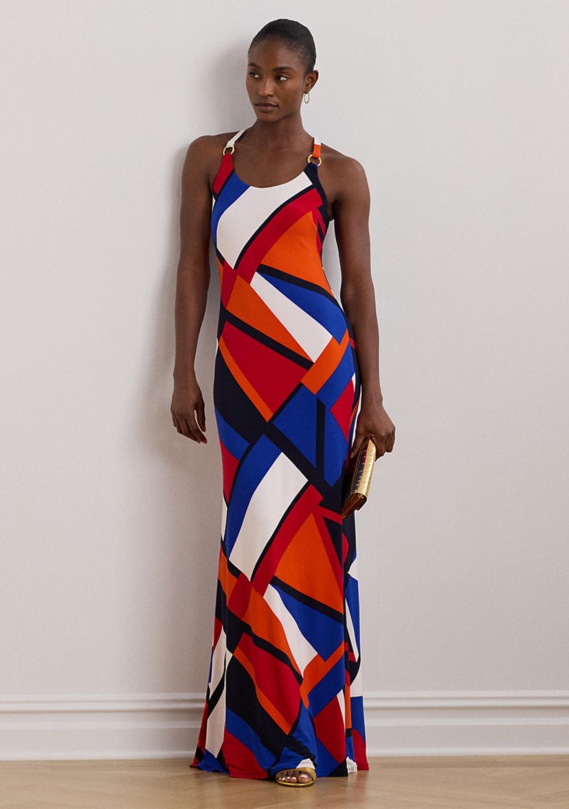 Womens Print Ring-Trim Jersey Halter Gown