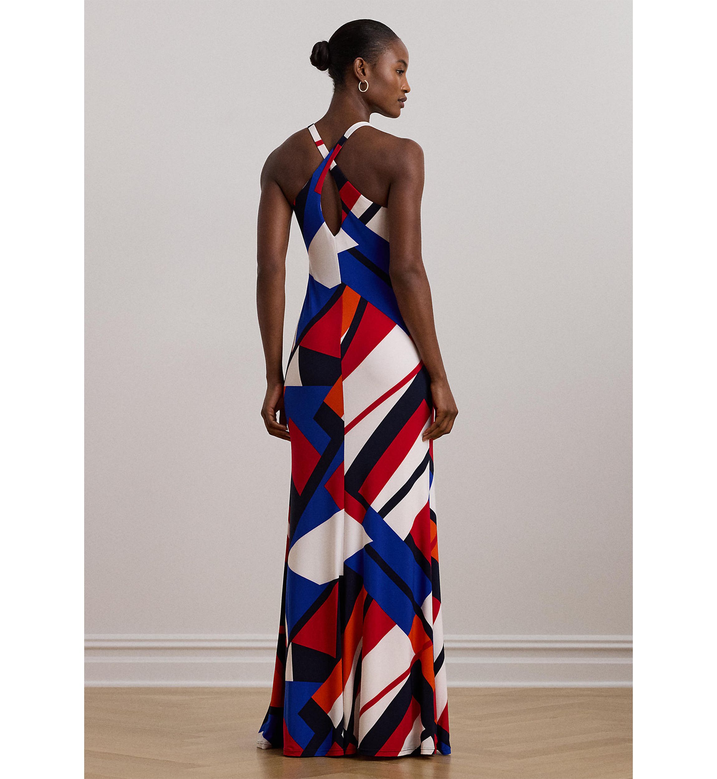 Womens Print Ring-Trim Jersey Halter Gown
