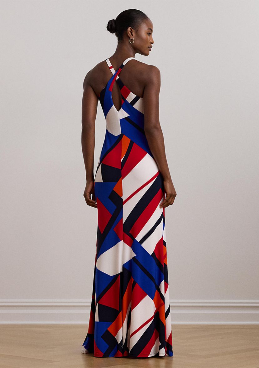 Womens Print Ring-Trim Jersey Halter Gown