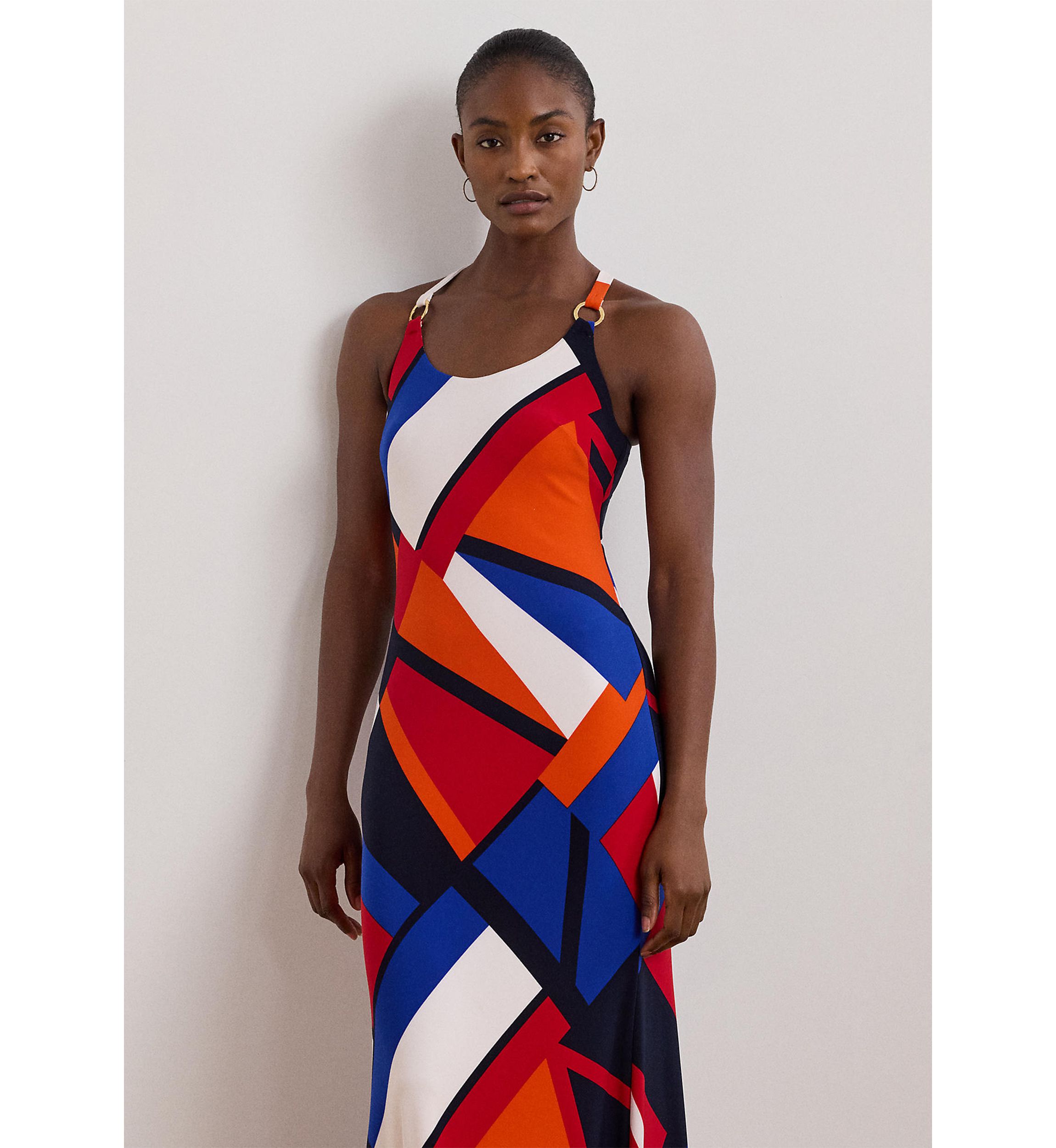 Womens Print Ring-Trim Jersey Halter Gown