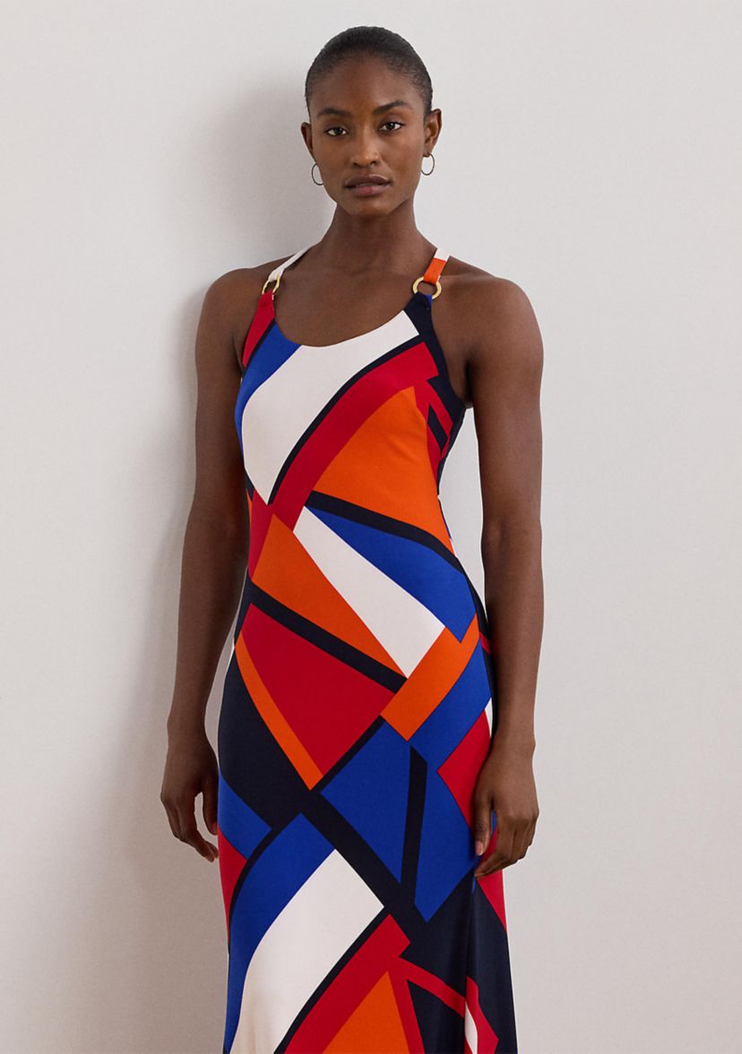 Womens Print Ring-Trim Jersey Halter Gown