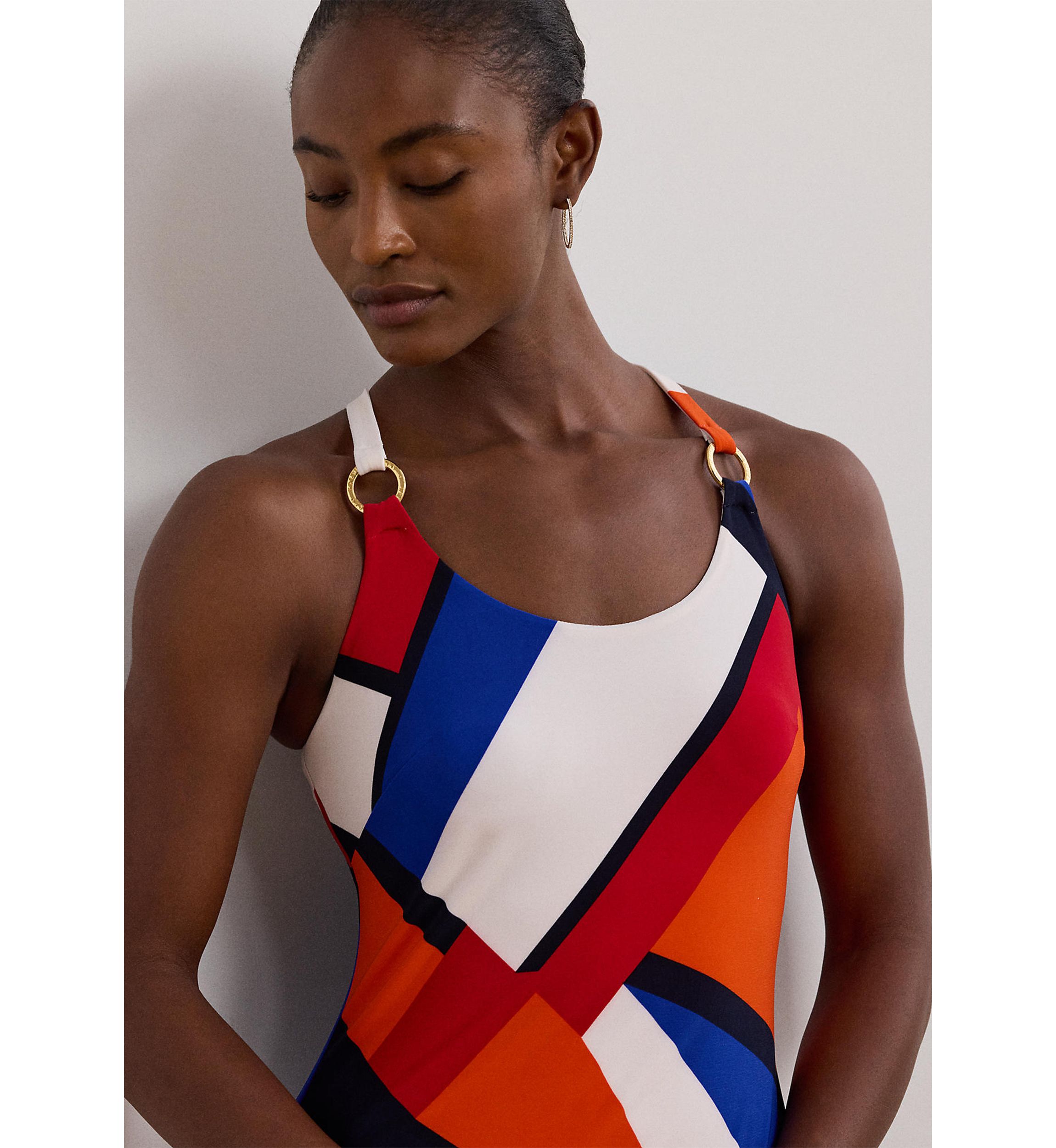 Womens Print Ring-Trim Jersey Halter Gown