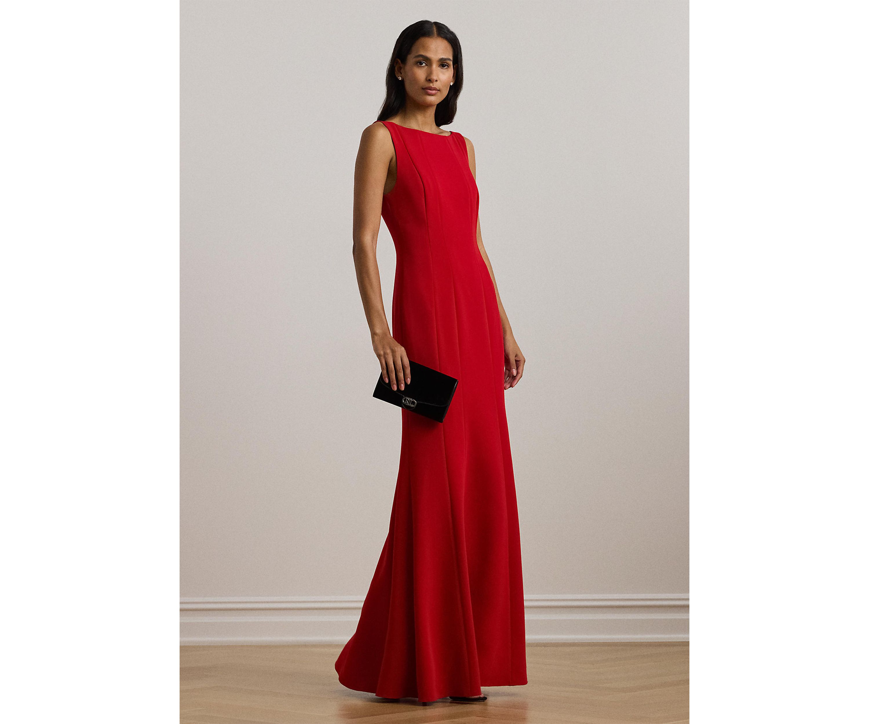 Womens Double-Faced Crepe Boat Neck Gown