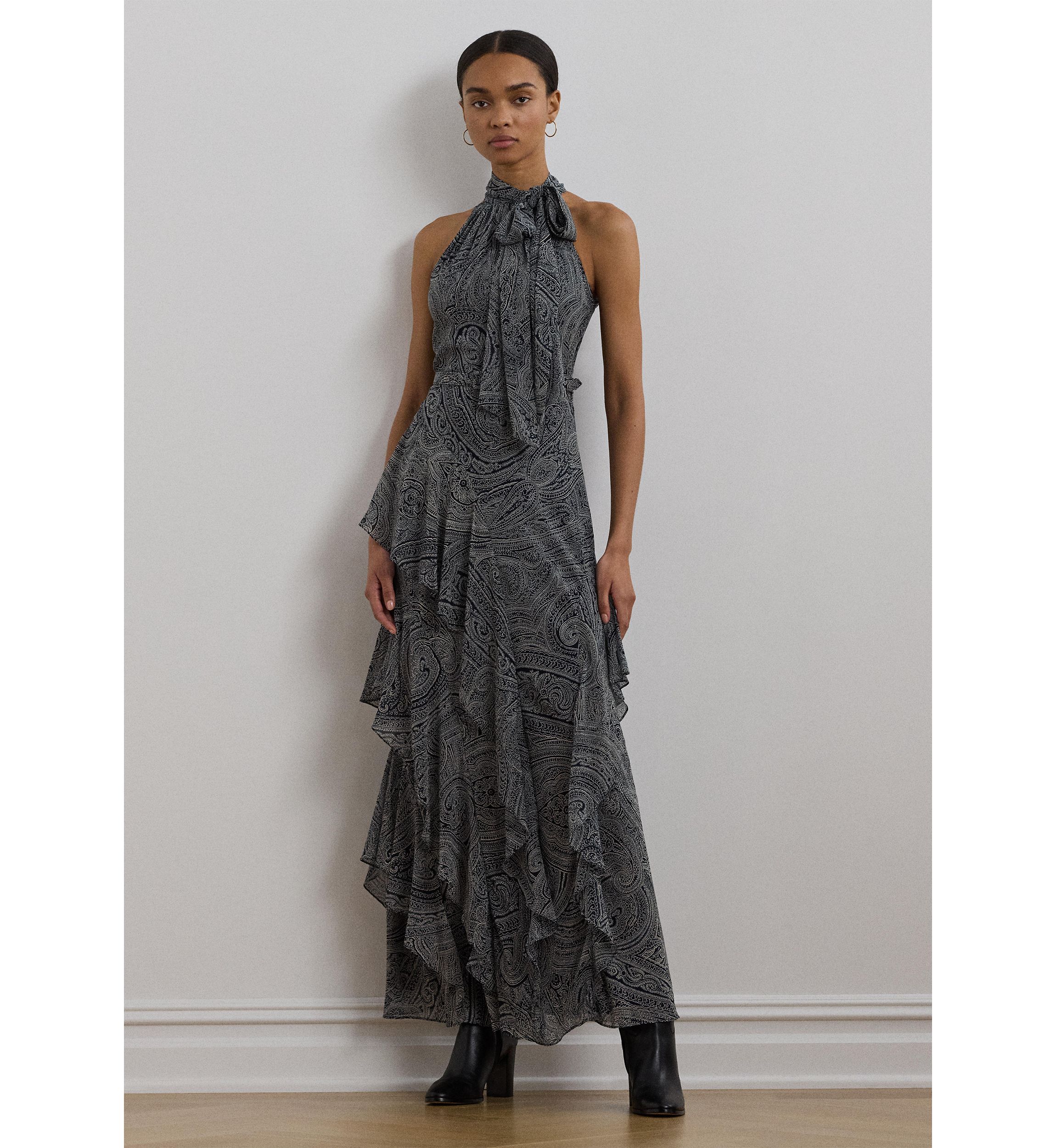 Paisley Belted Georgette Tiered Gown
