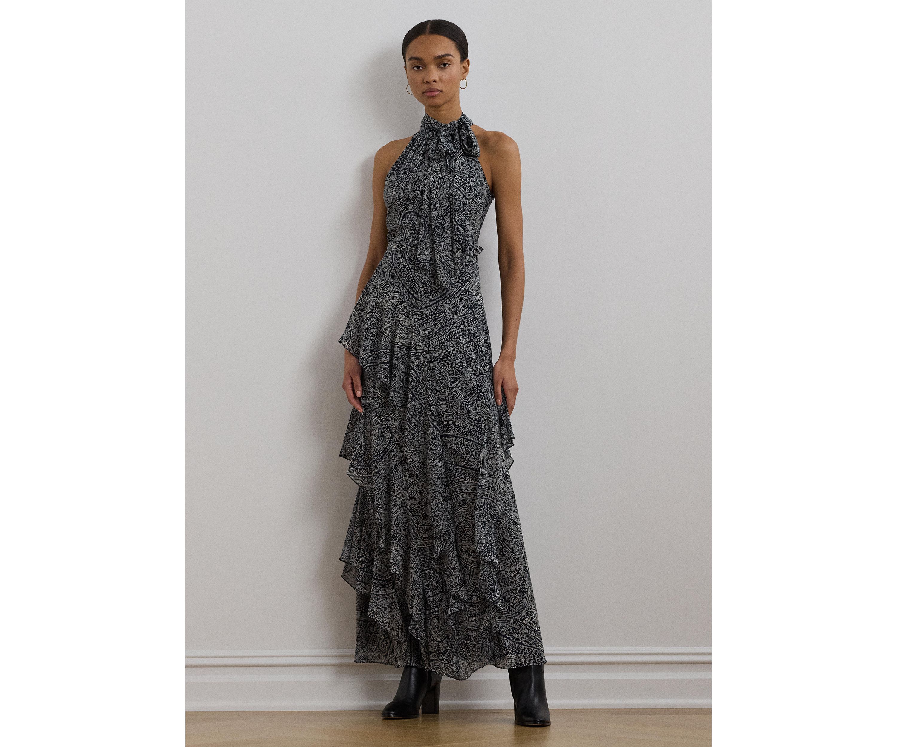 Paisley Belted Georgette Tiered Gown
