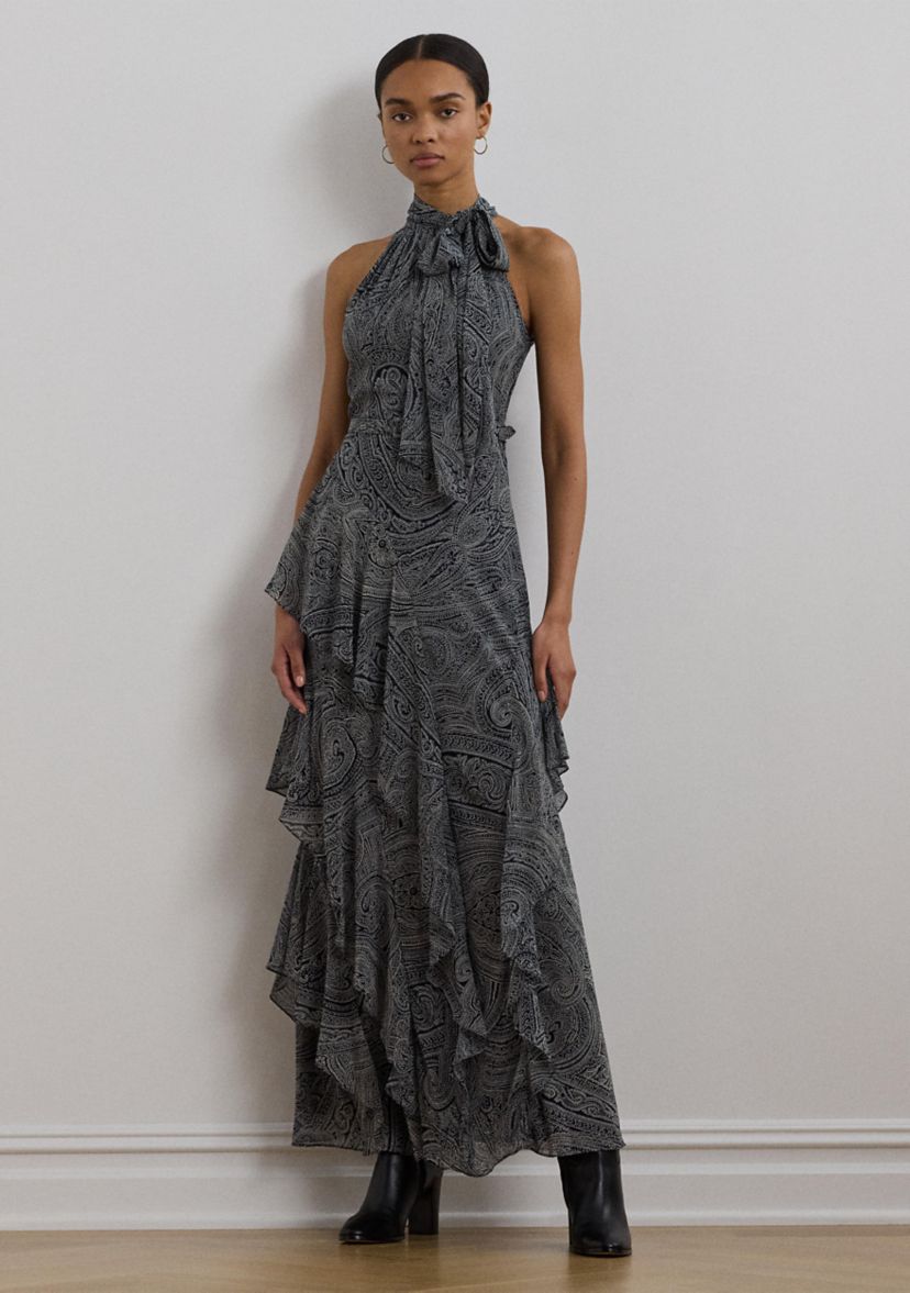 Paisley Belted Georgette Tiered Gown