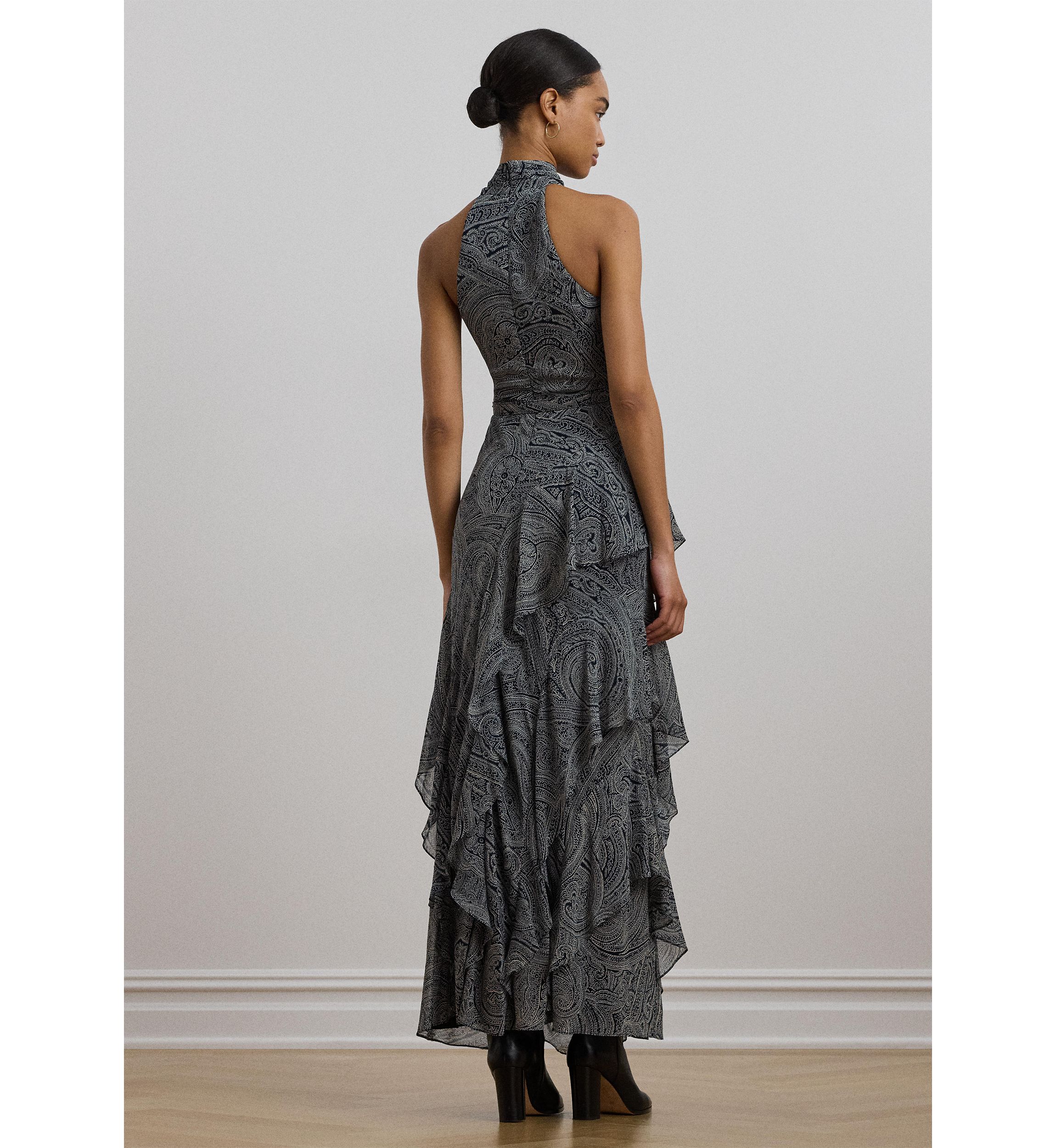 Paisley Belted Georgette Tiered Gown