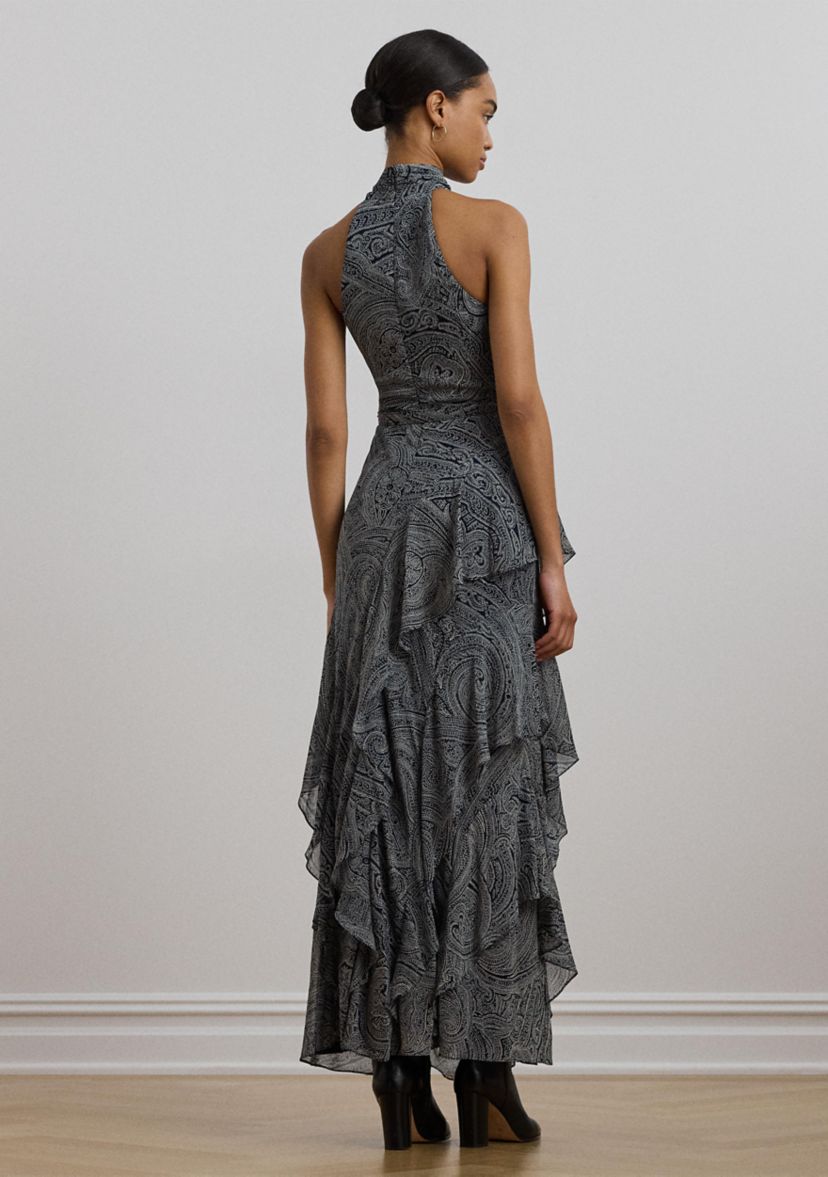 Paisley Belted Georgette Tiered Gown