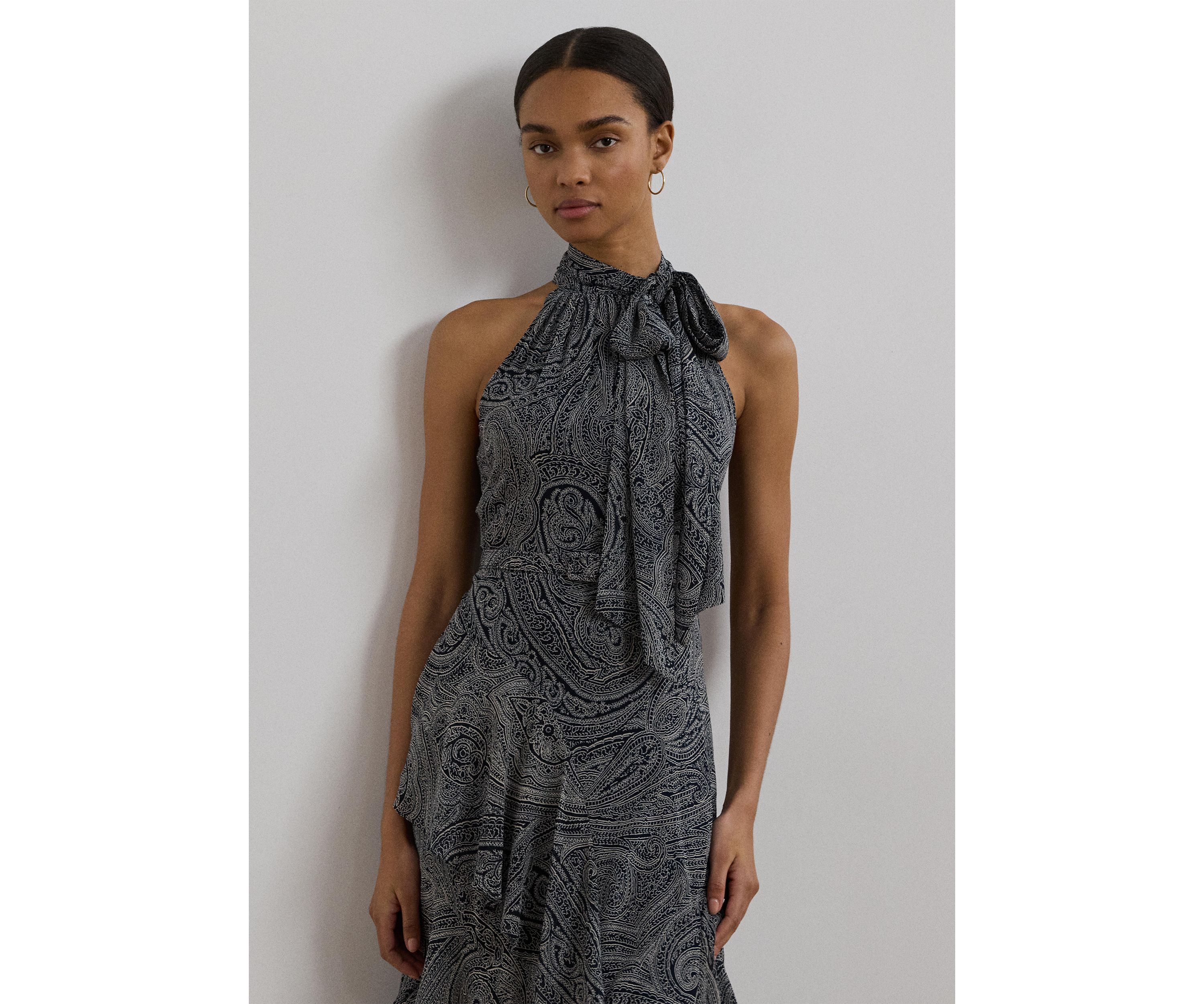 Paisley Belted Georgette Tiered Gown