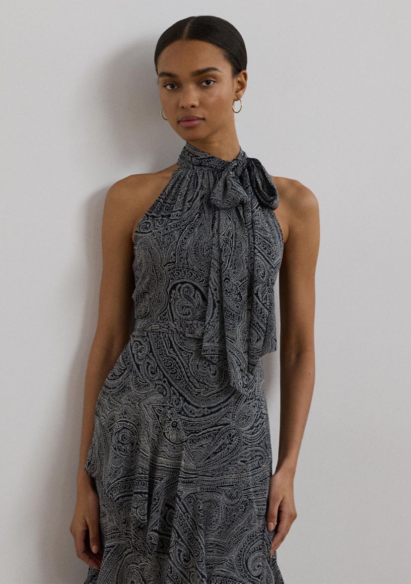 Paisley Belted Georgette Tiered Gown
