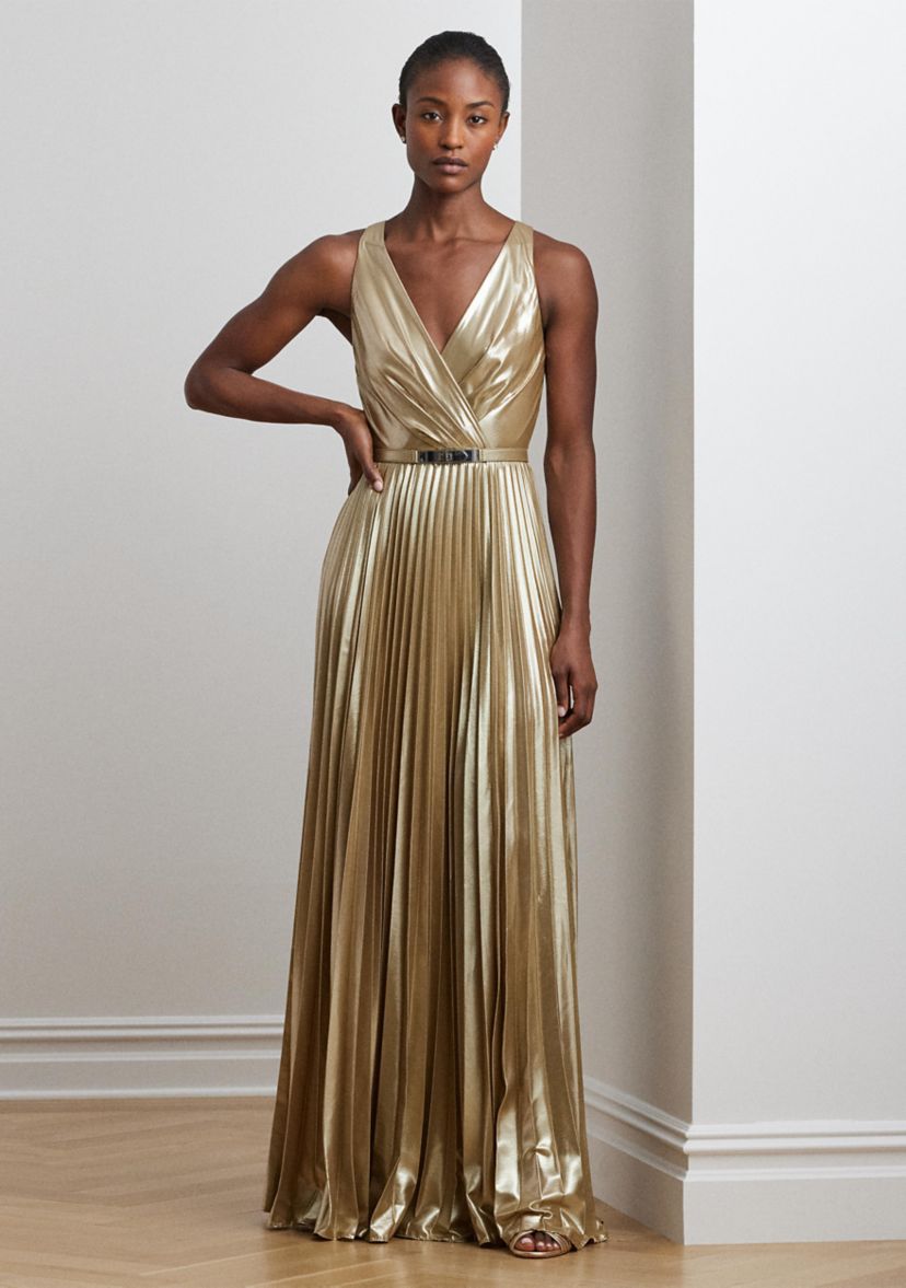 Womens Belted Metallic Chiffon Surplice Gown