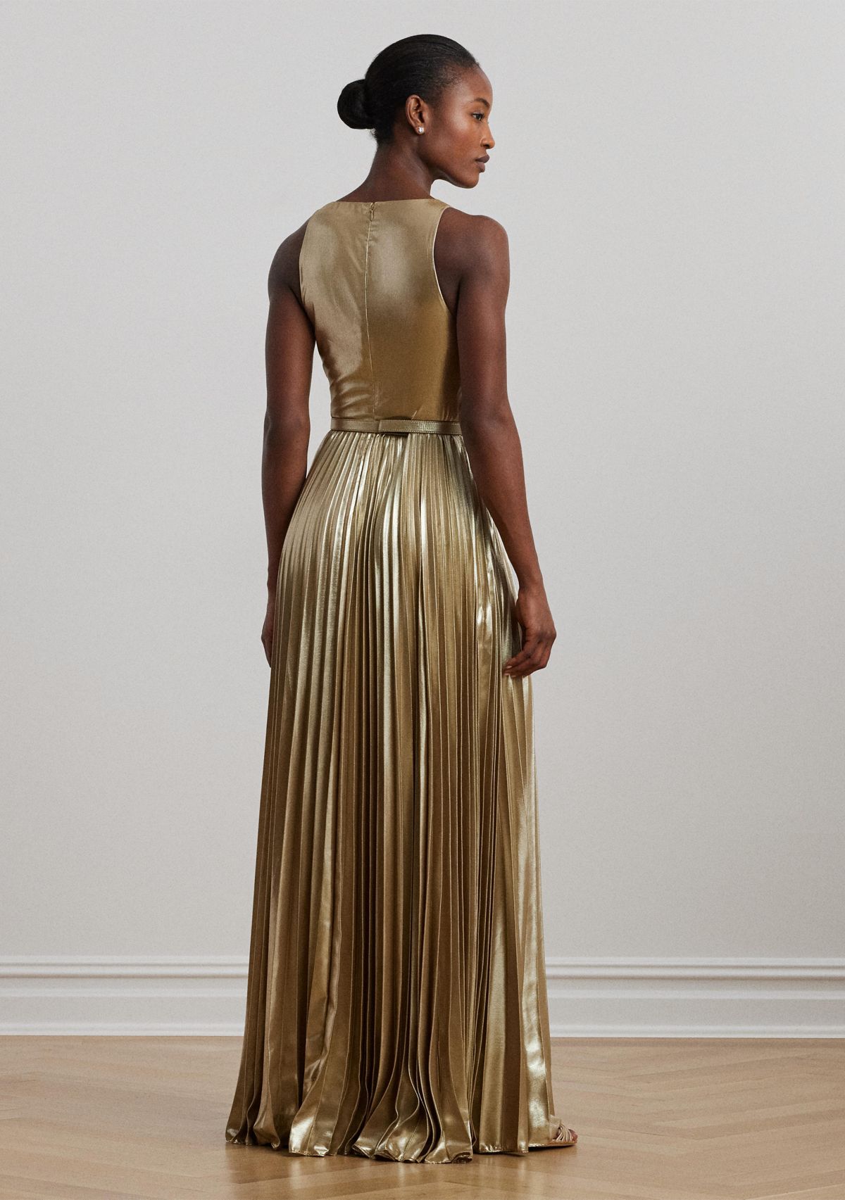 Womens Belted Metallic Chiffon Surplice Gown