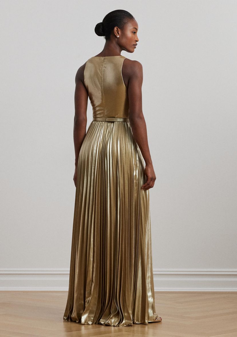 Womens Belted Metallic Chiffon Surplice Gown