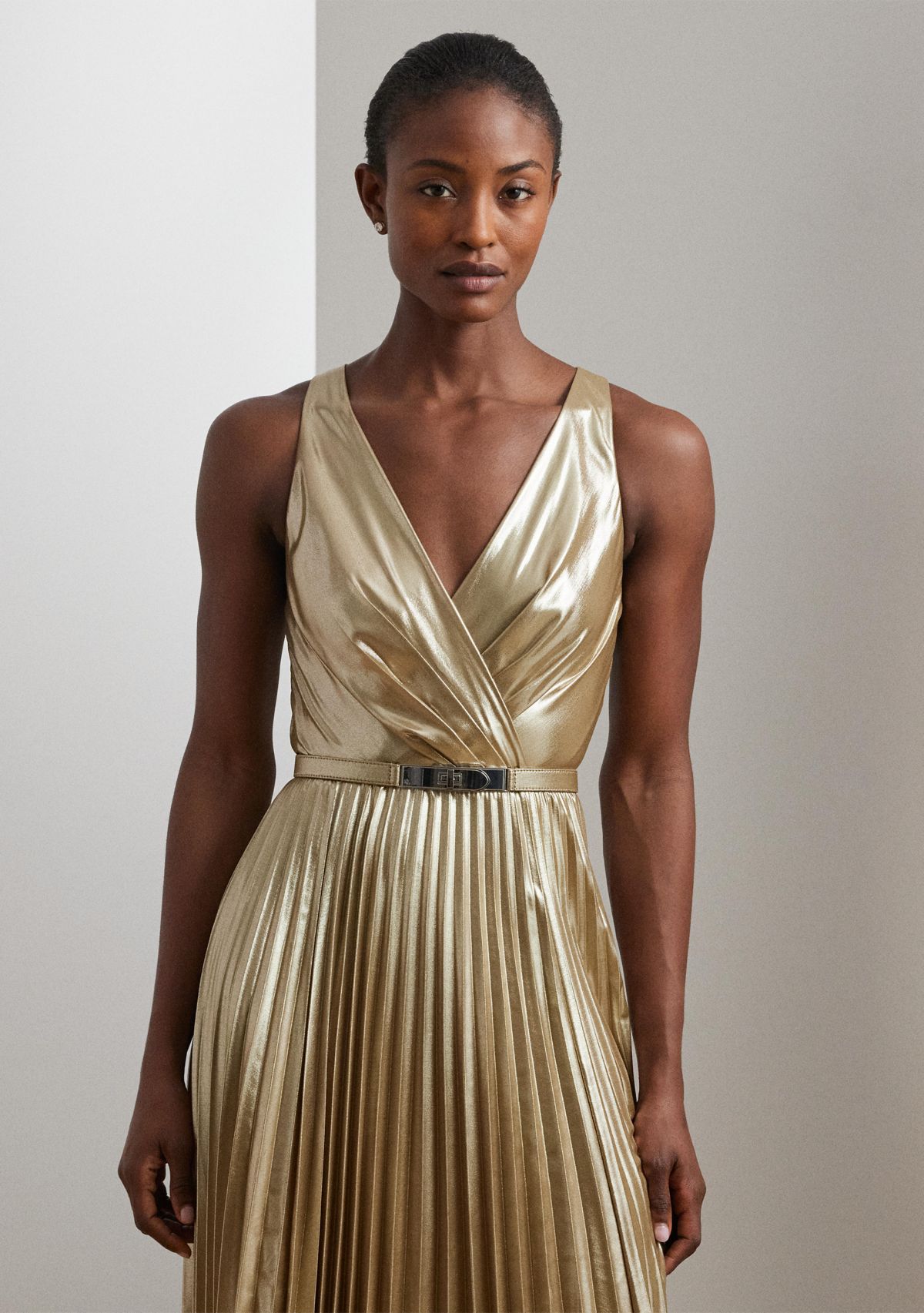 Womens Belted Metallic Chiffon Surplice Gown