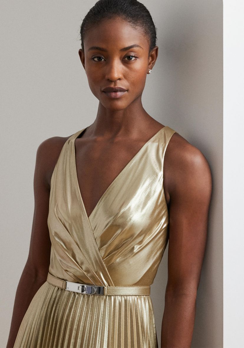 Womens Belted Metallic Chiffon Surplice Gown