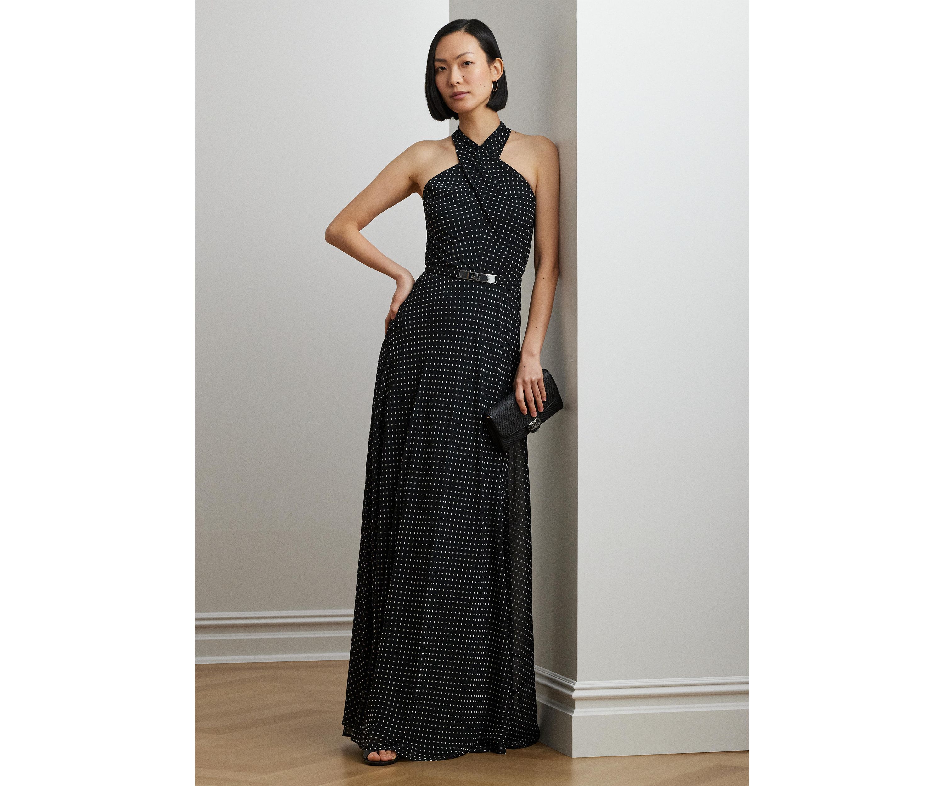 Polka Dot Belted Georgette Halter Gown
