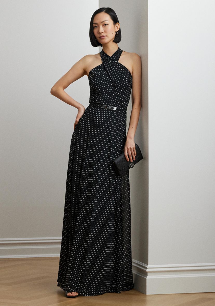 Polka Dot Belted Georgette Halter Gown