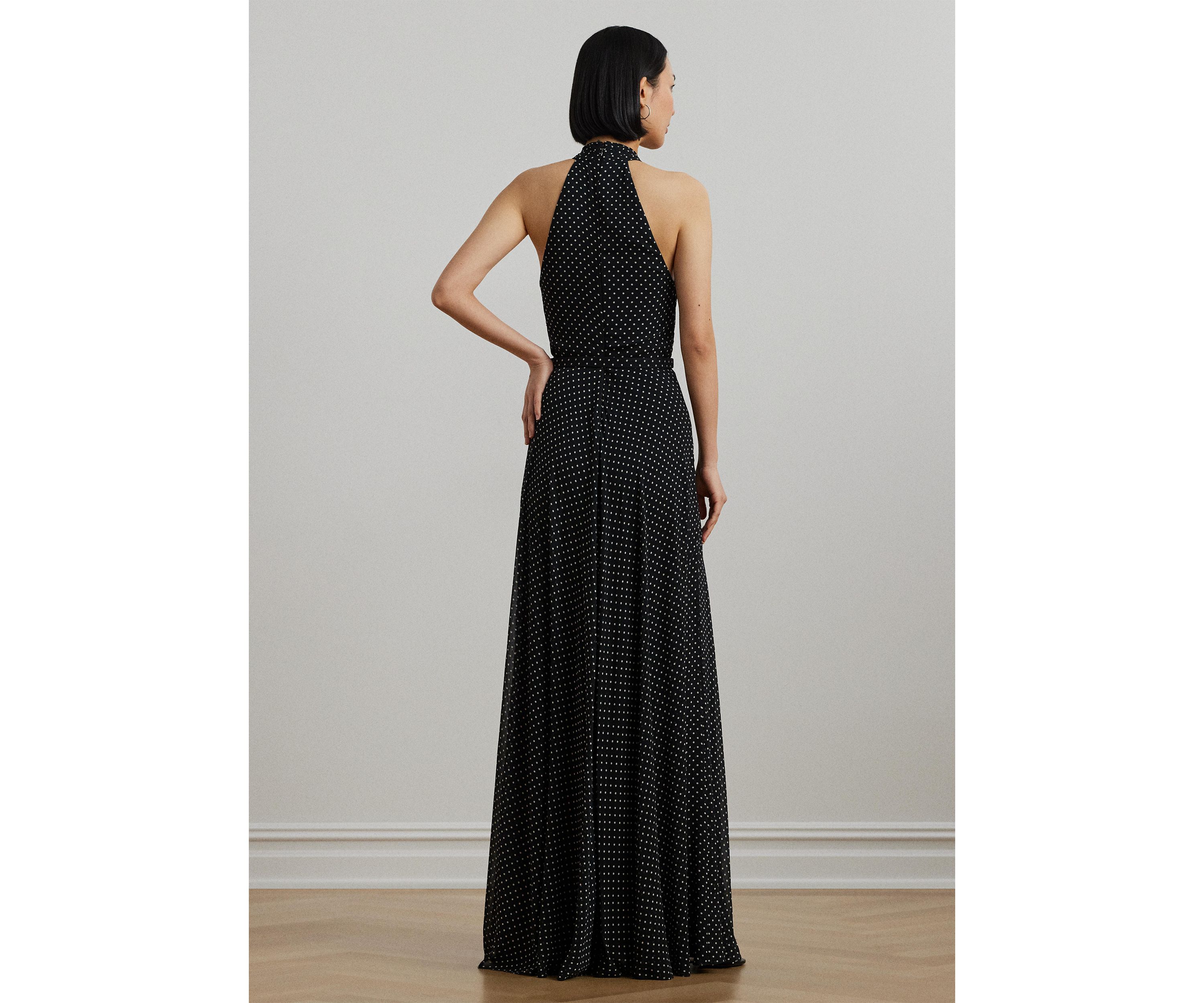 Polka Dot Belted Georgette Halter Gown