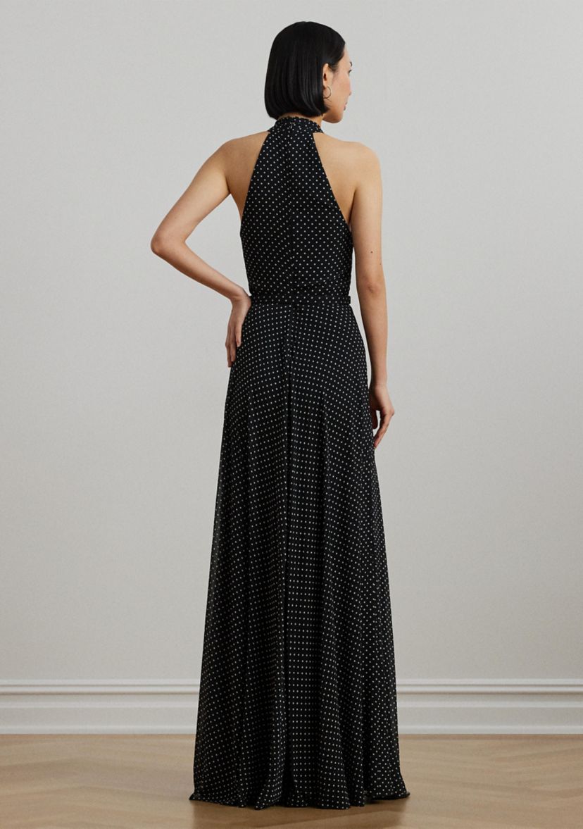 Polka Dot Belted Georgette Halter Gown