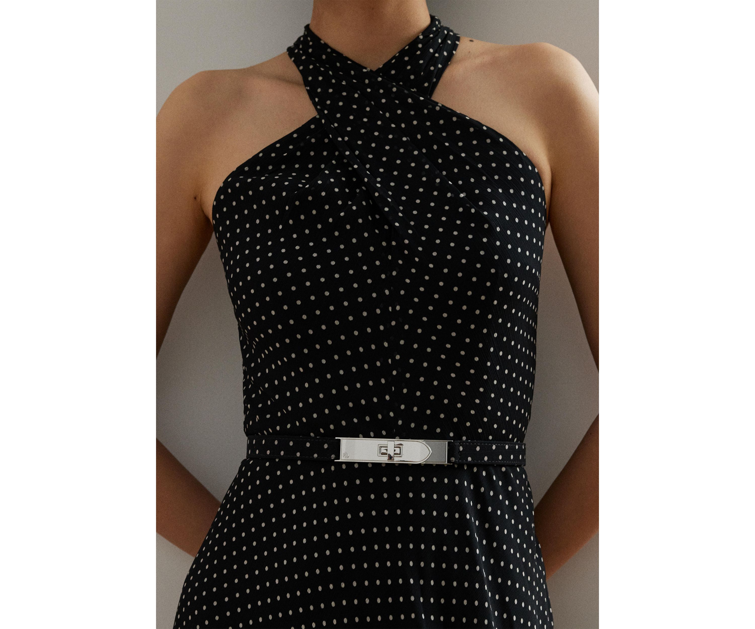 Polka Dot Belted Georgette Halter Gown