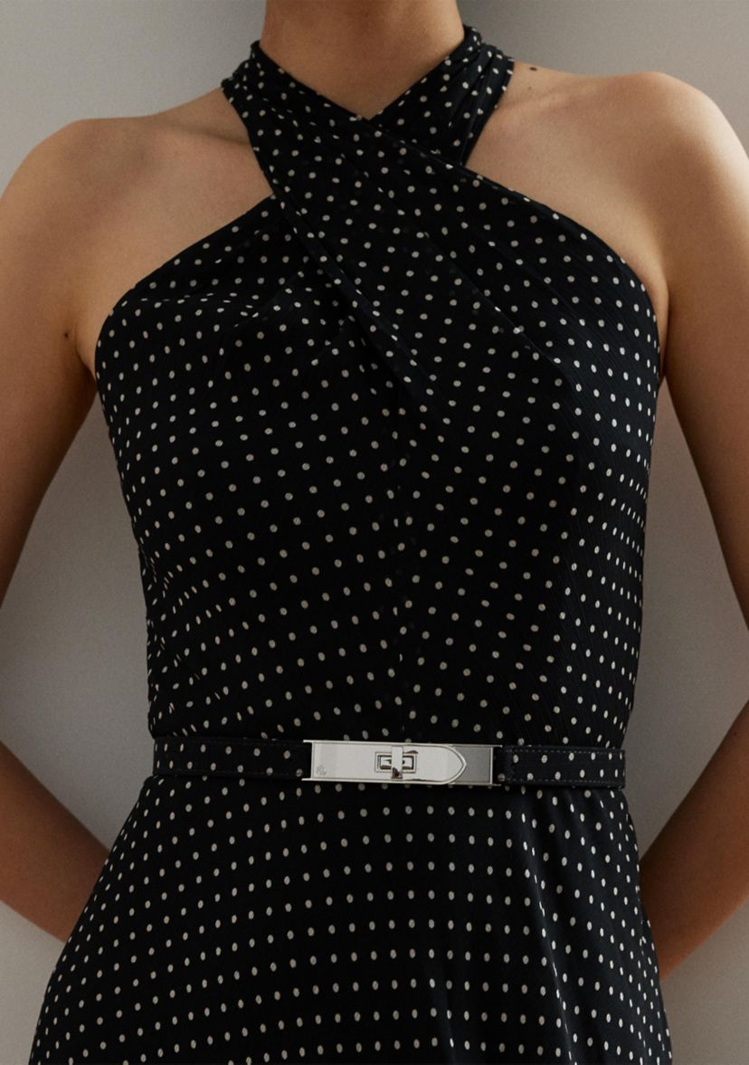Polka Dot Belted Georgette Halter Gown