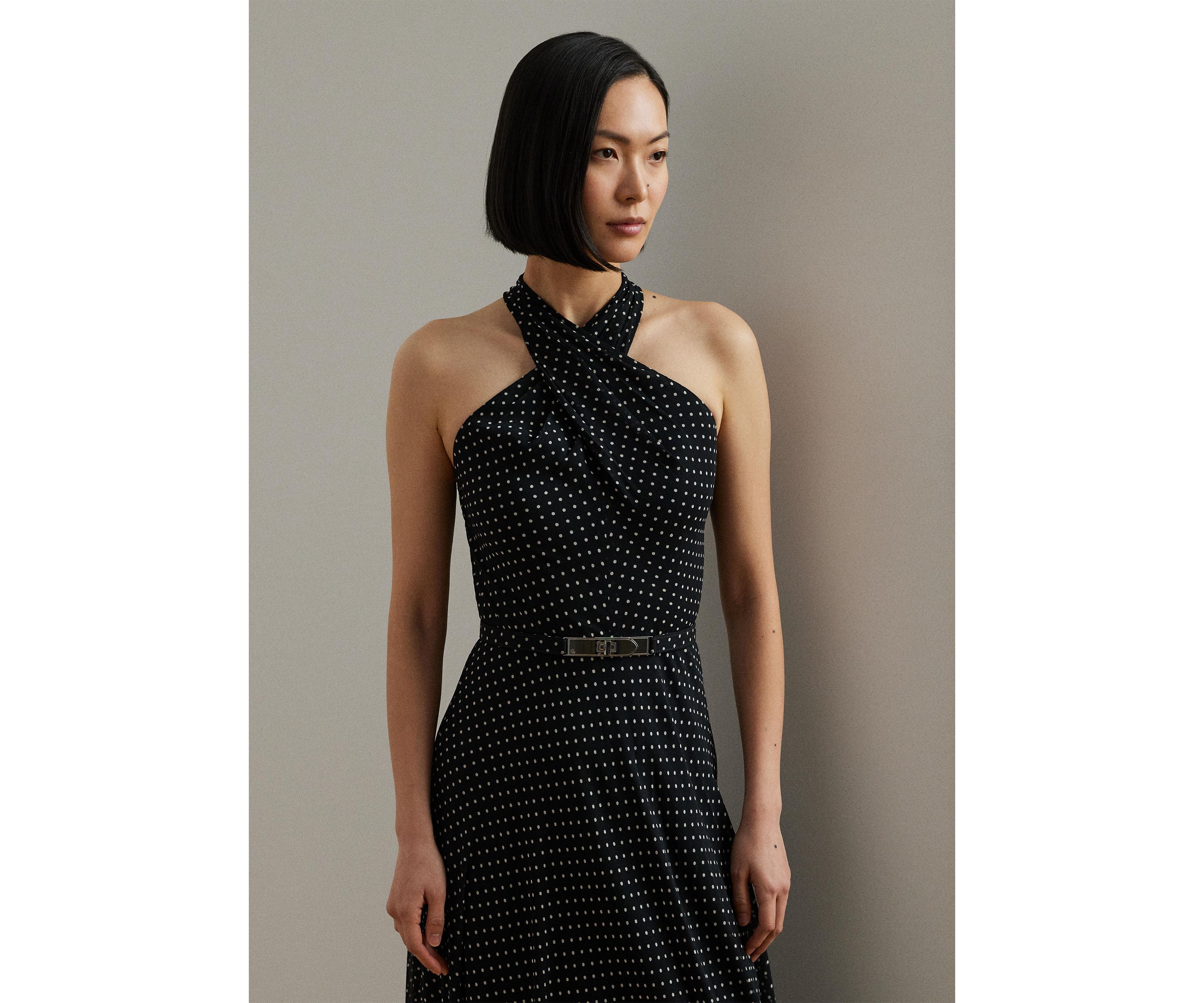 Polka Dot Belted Georgette Halter Gown