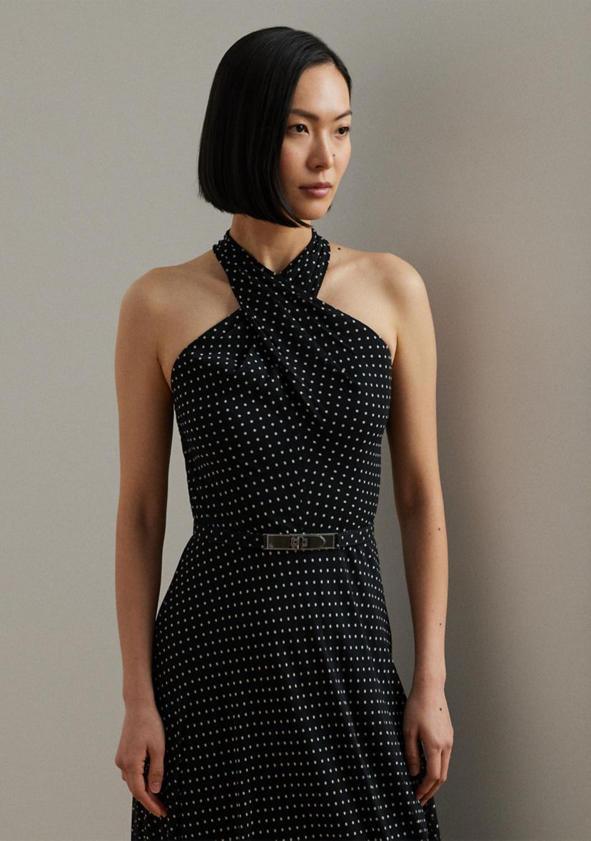 Polka Dot Belted Georgette Halter Gown