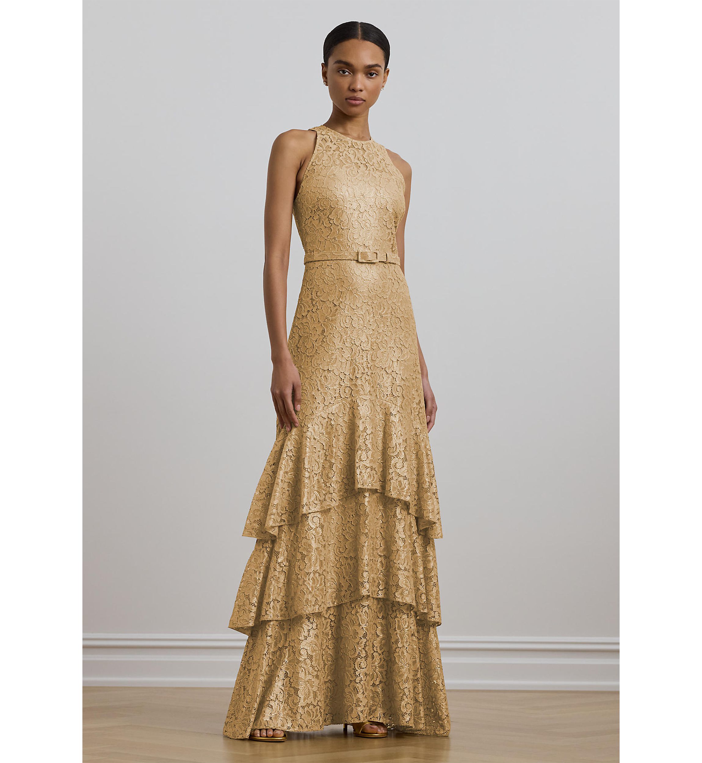 Belted Metallic Lace Tiered Gown