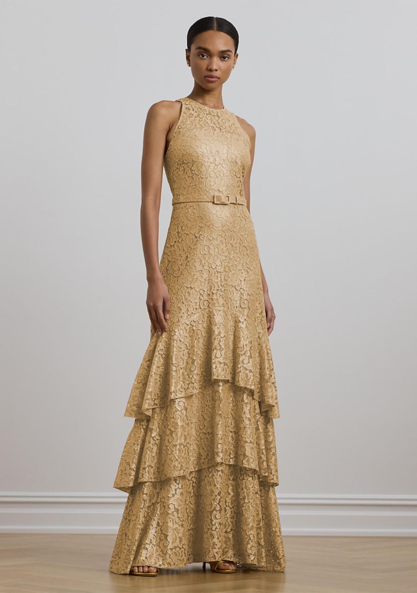 Belted Metallic Lace Tiered Gown