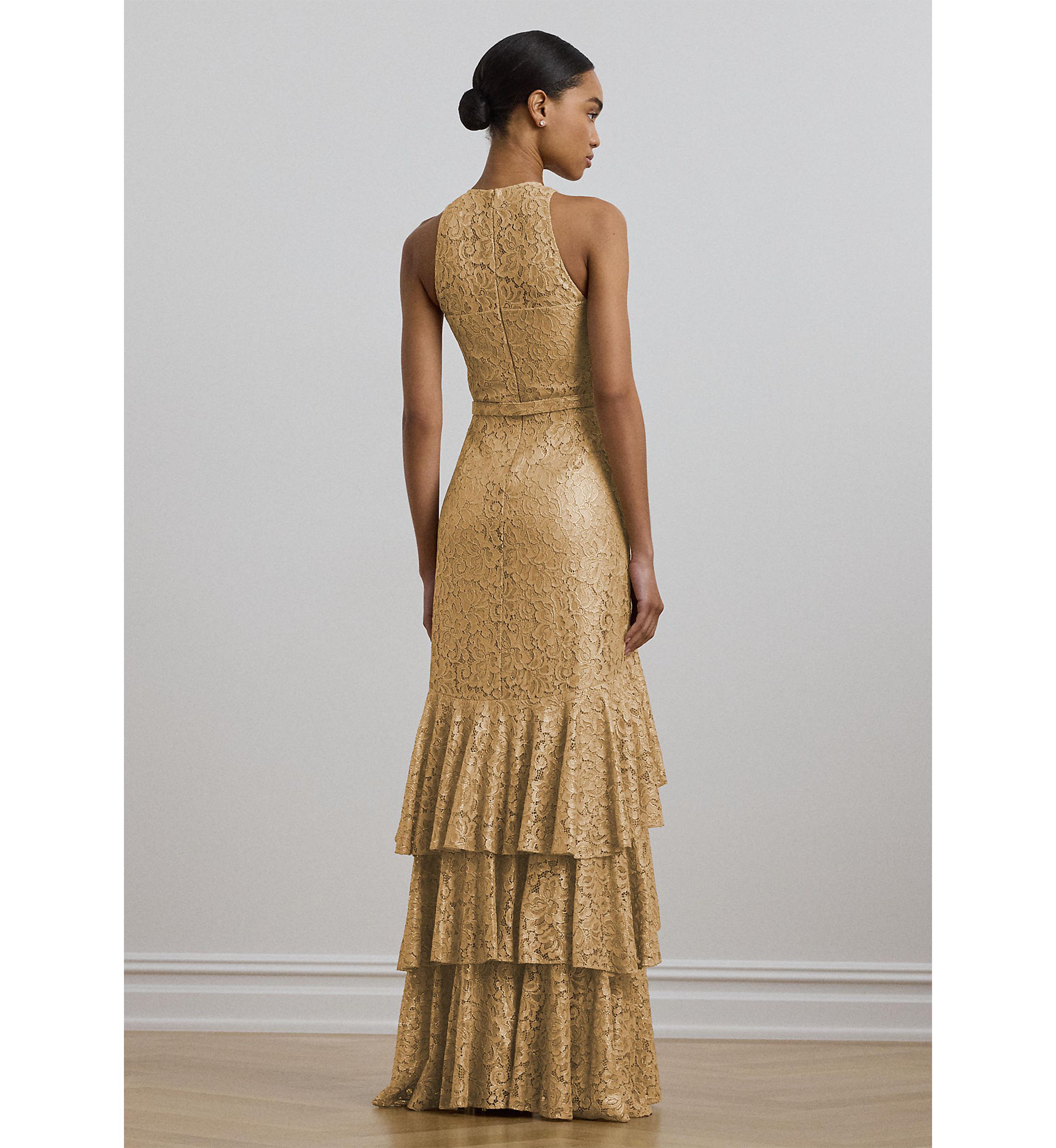 Belted Metallic Lace Tiered Gown