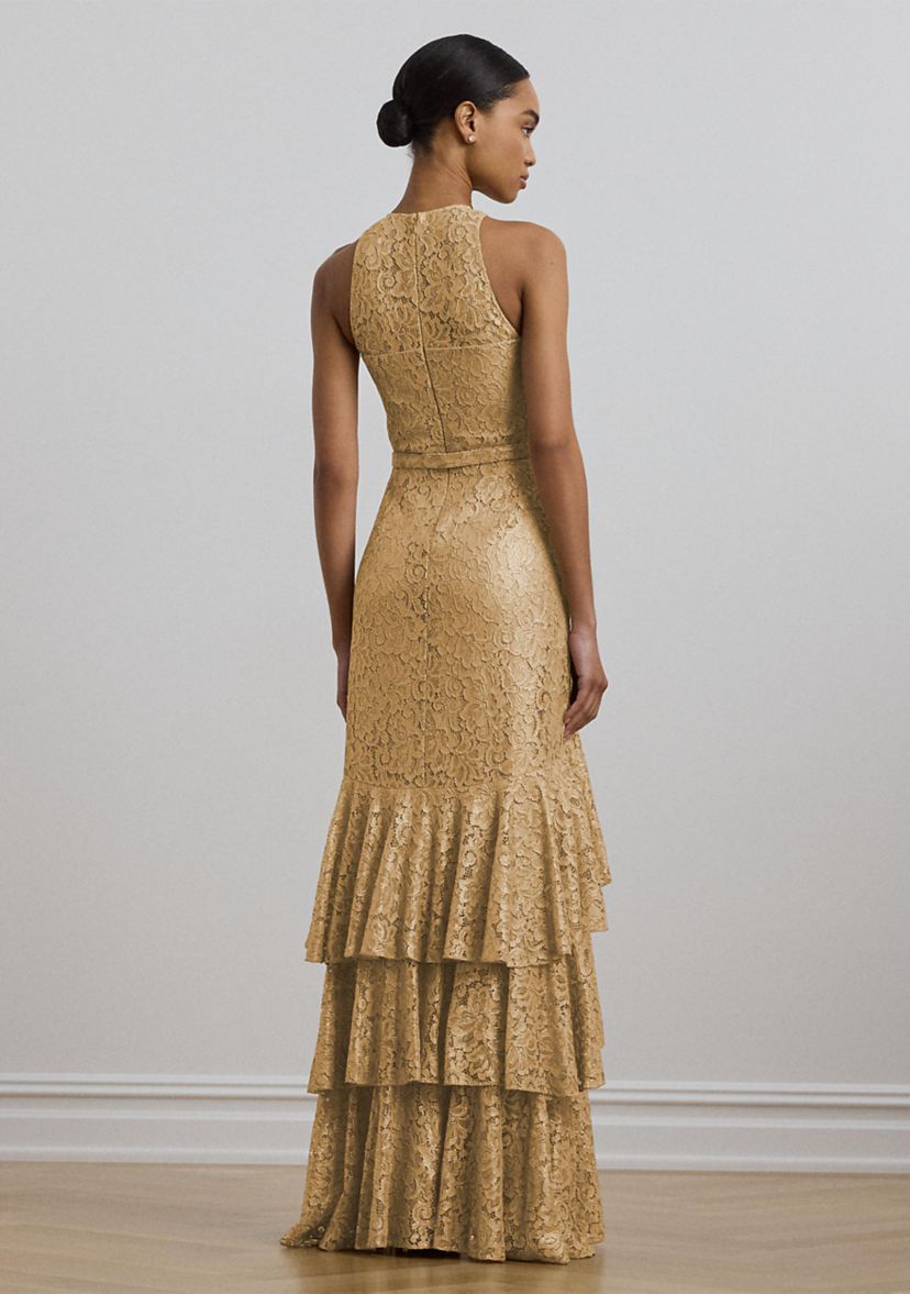 Belted Metallic Lace Tiered Gown