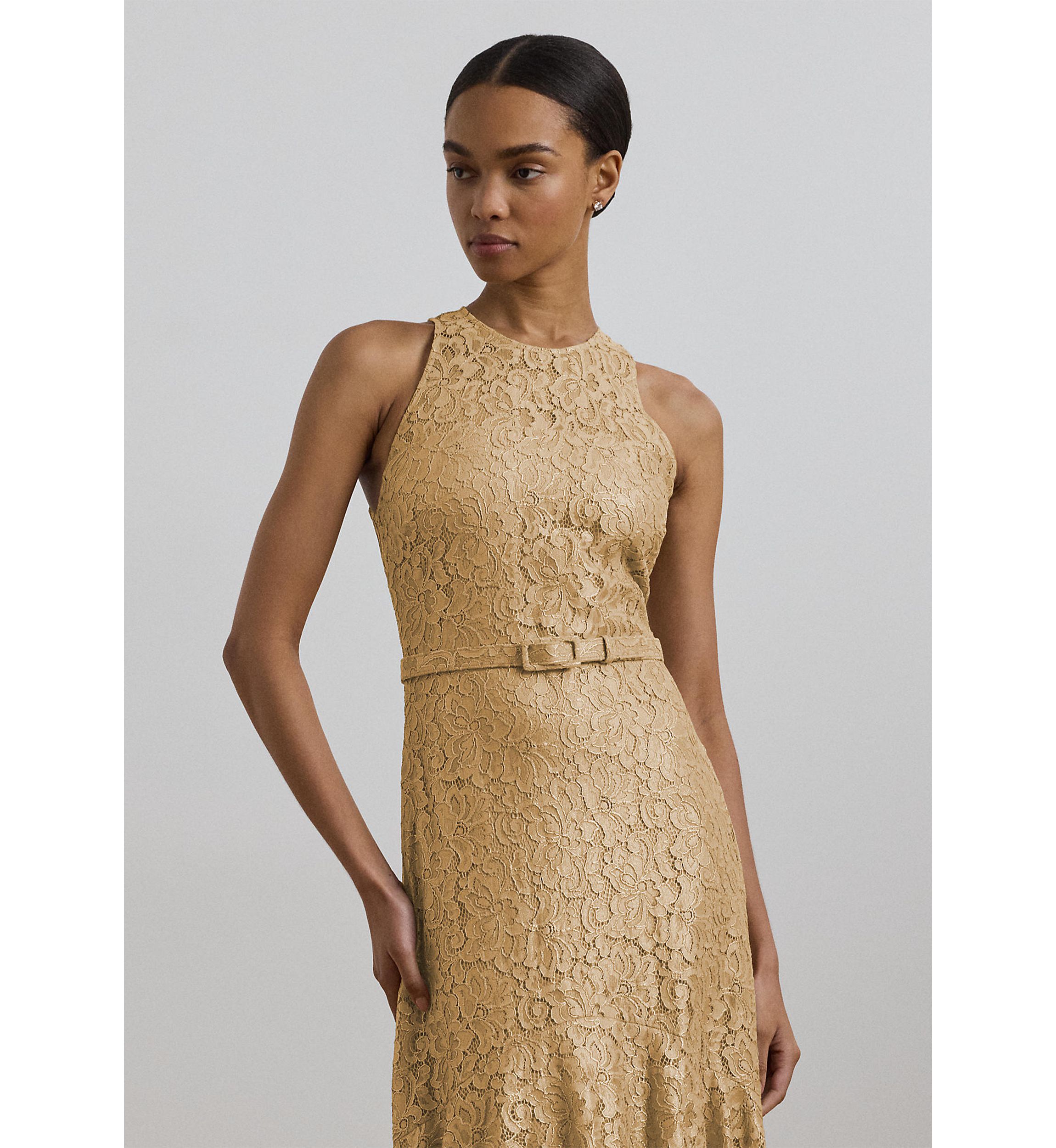 Belted Metallic Lace Tiered Gown