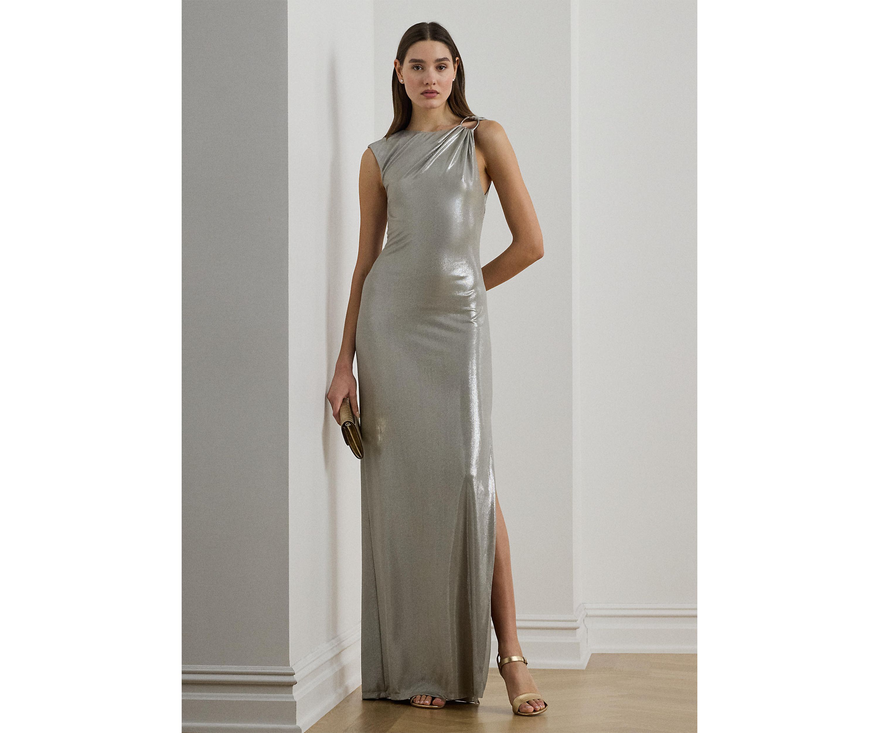 Womens Buckle-Trim Metallic Sleeveless Gown