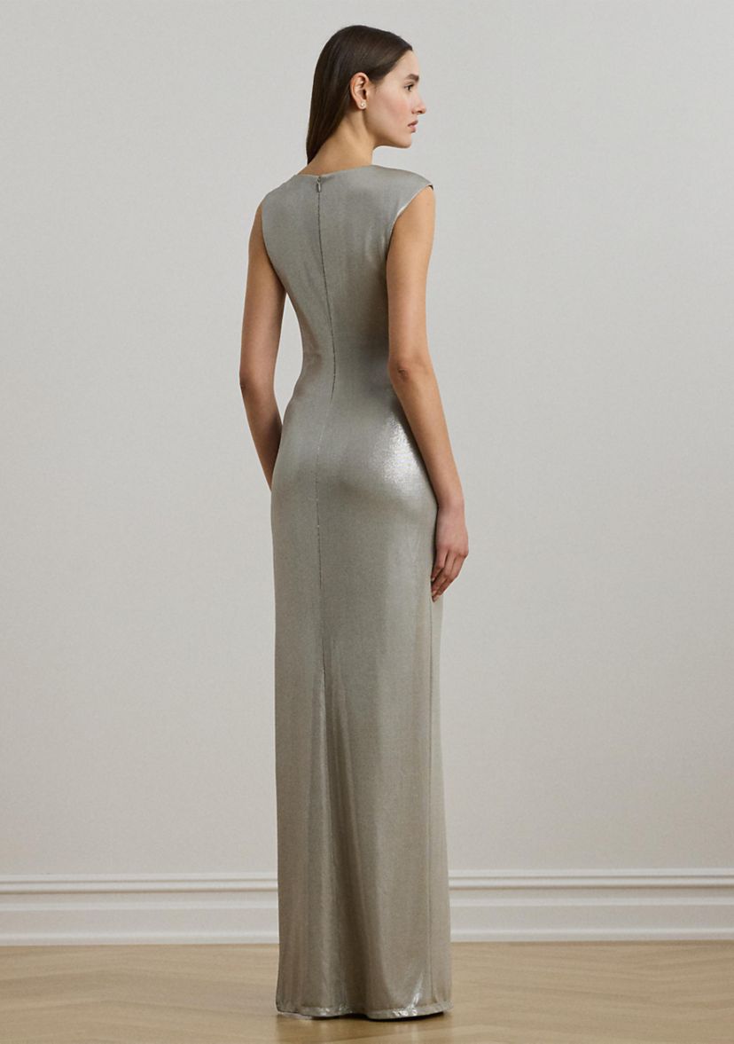 Womens Buckle-Trim Metallic Sleeveless Gown