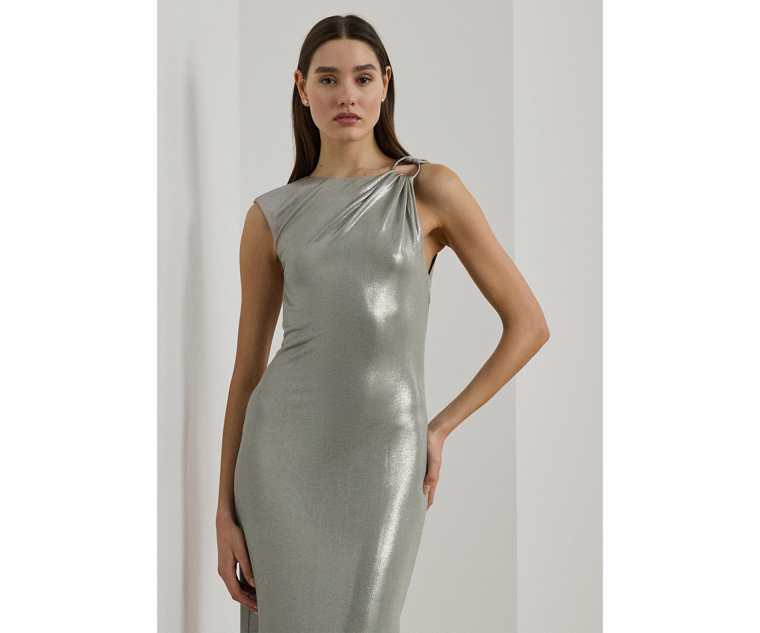 Womens Buckle-Trim Metallic Sleeveless Gown