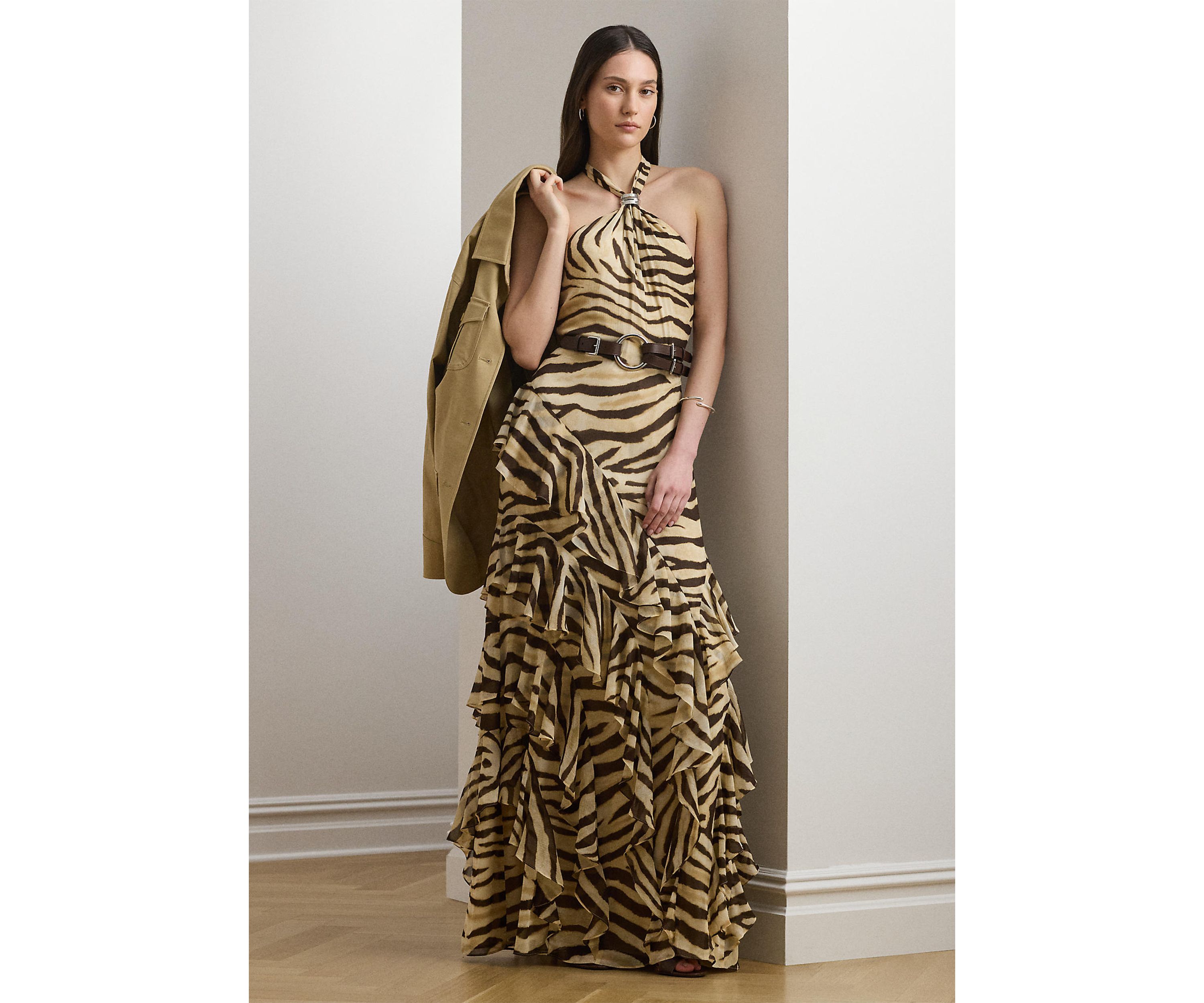 Zebra Print Ruffle Trim Georgette Gown