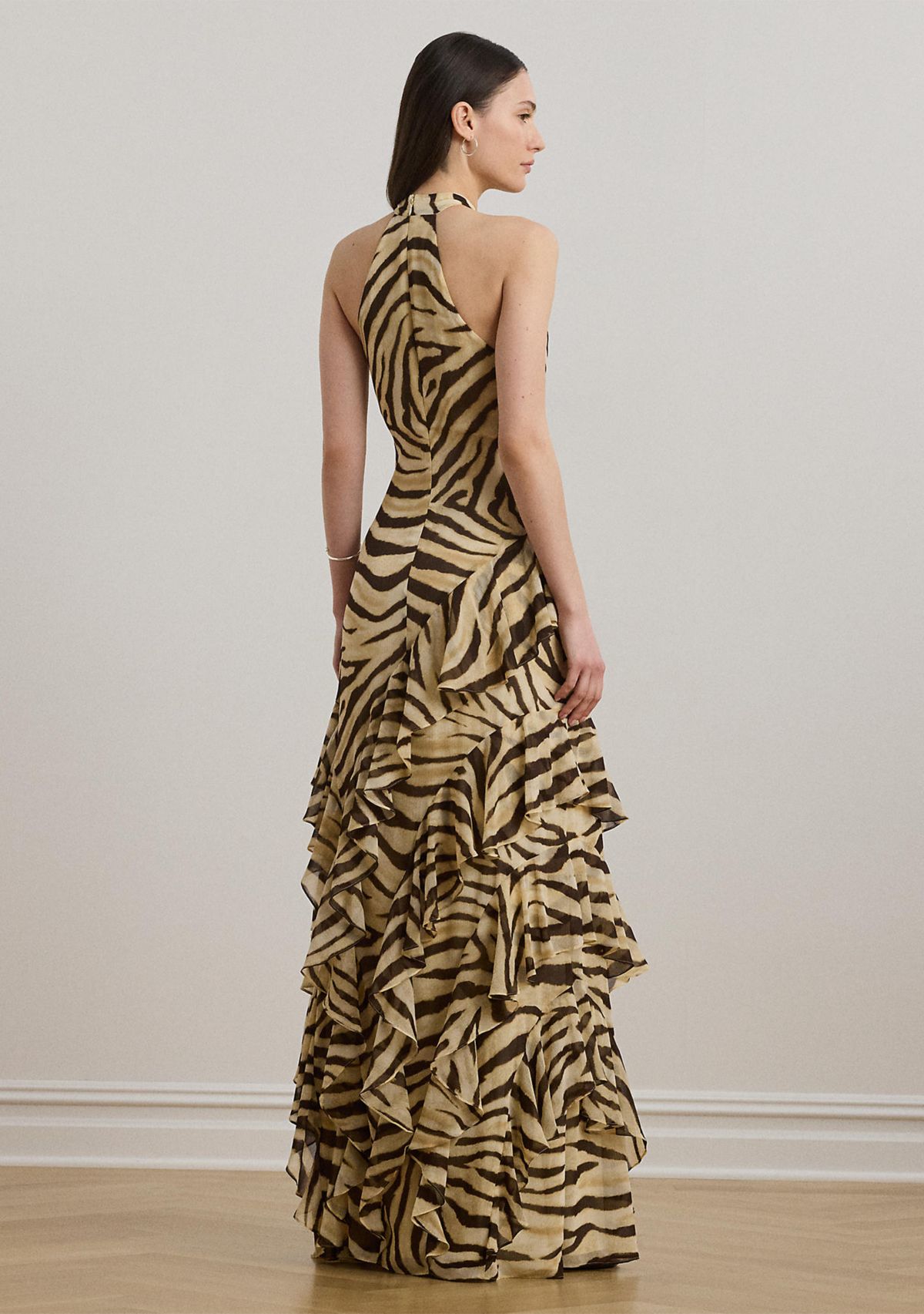 Zebra Print Ruffle Trim Georgette Gown