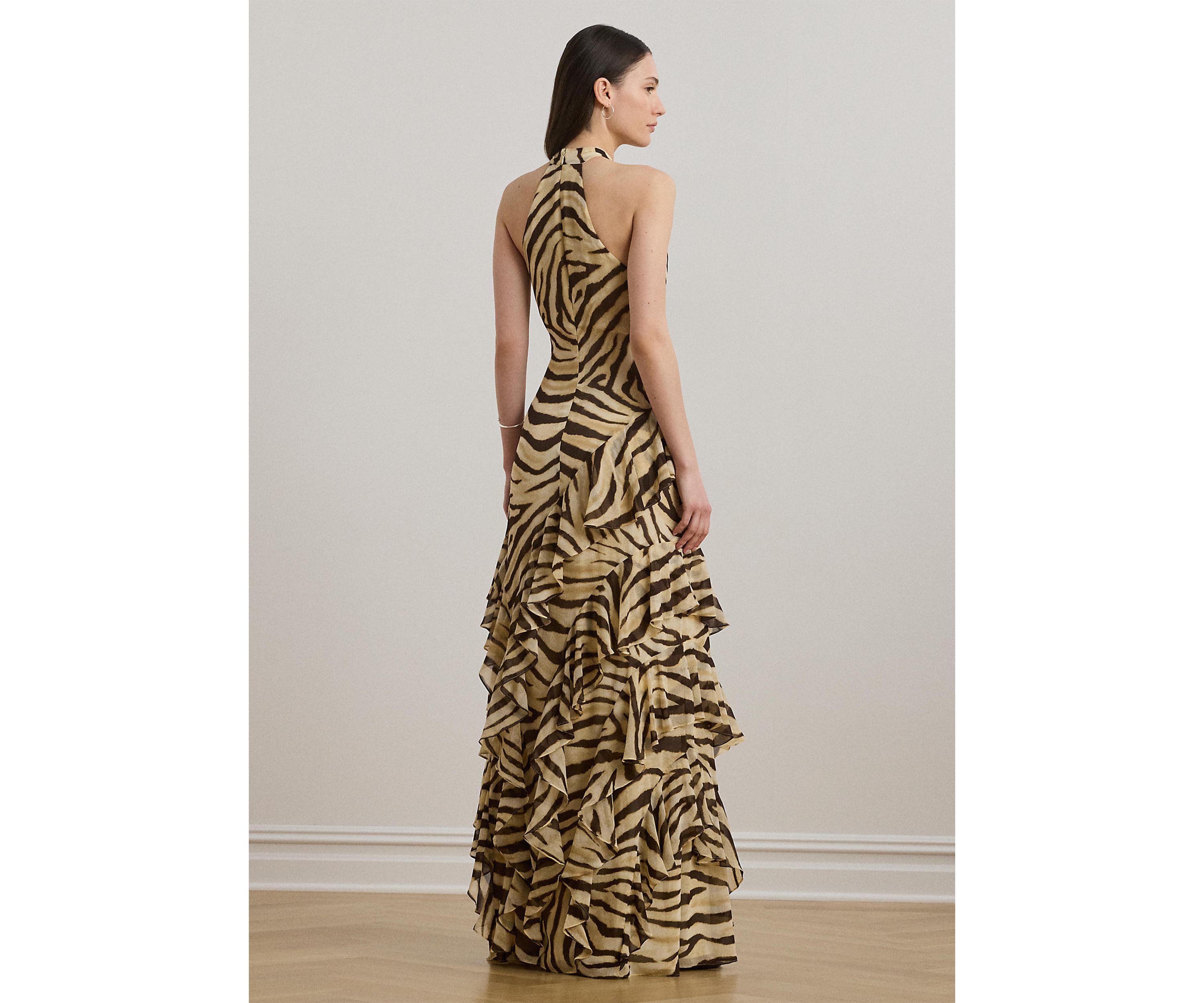 Zebra Print Ruffle Trim Georgette Gown