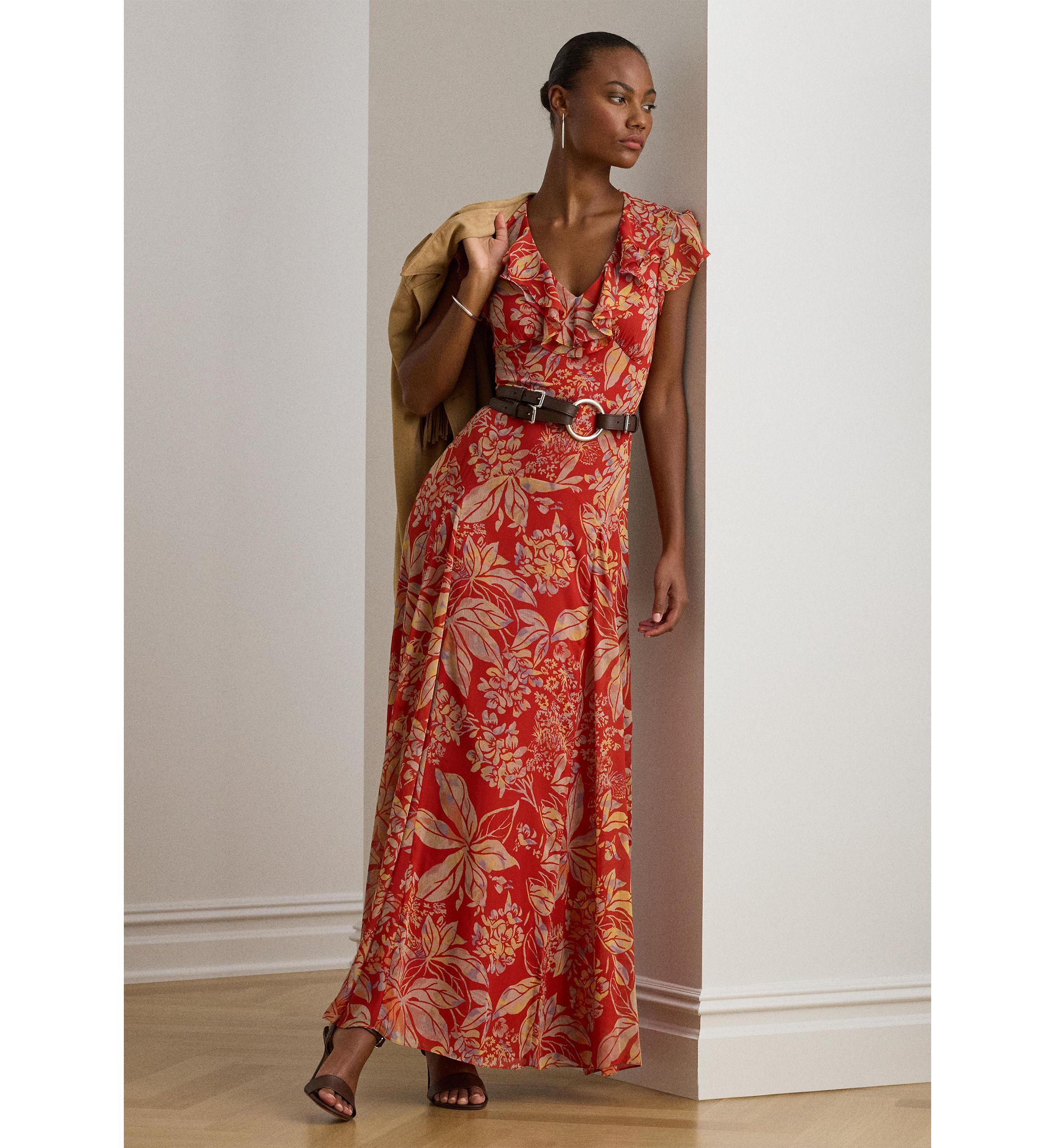 Womens Floral Belted Crinkle Georgette Gown