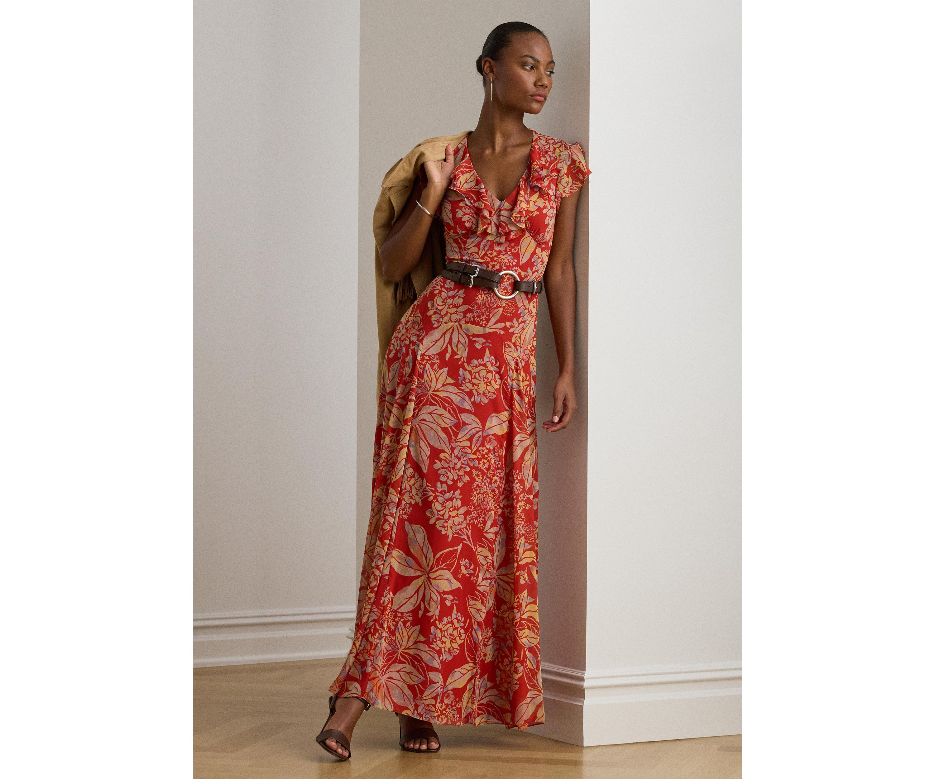 Womens Floral Belted Crinkle Georgette Gown