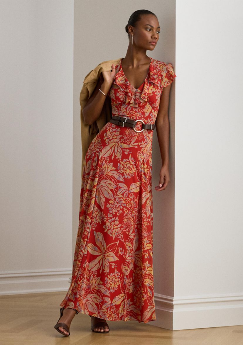 Womens Floral Belted Crinkle Georgette Gown