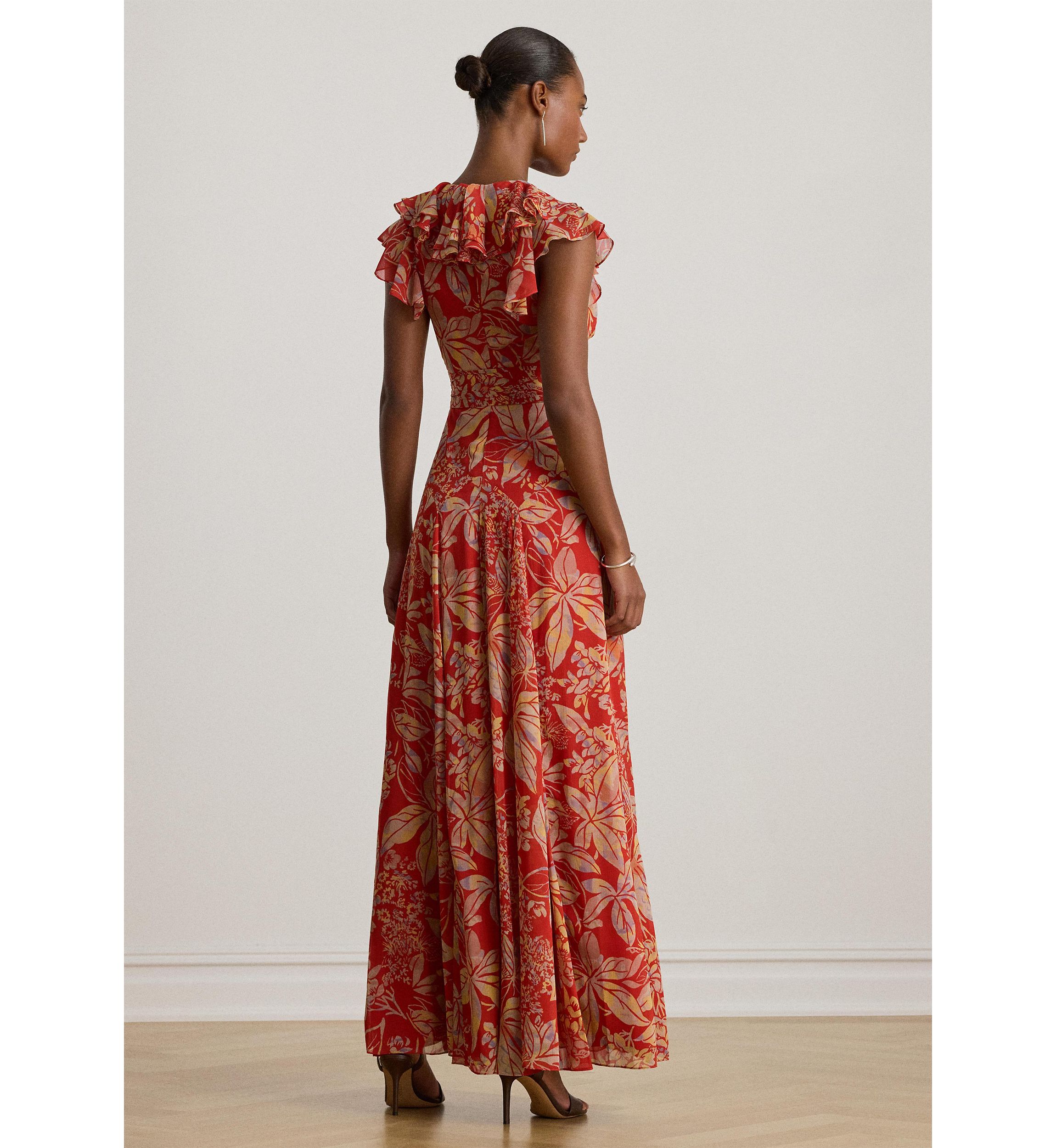 Womens Floral Belted Crinkle Georgette Gown