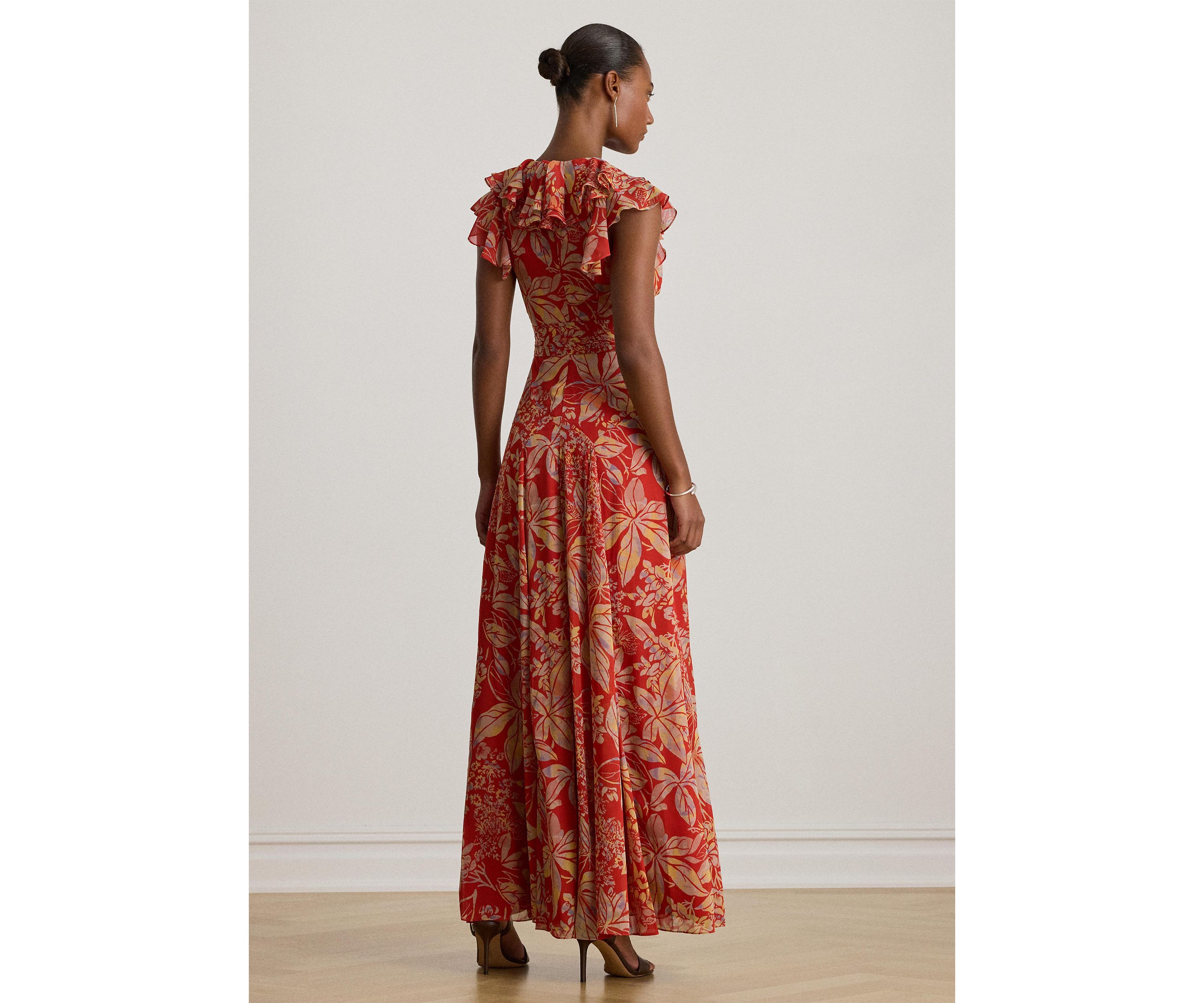 Womens Floral Belted Crinkle Georgette Gown