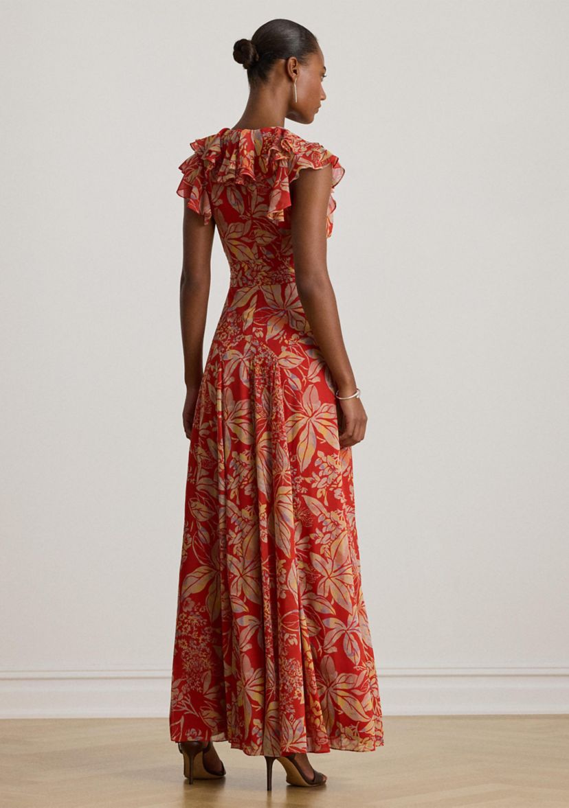 Womens Floral Belted Crinkle Georgette Gown