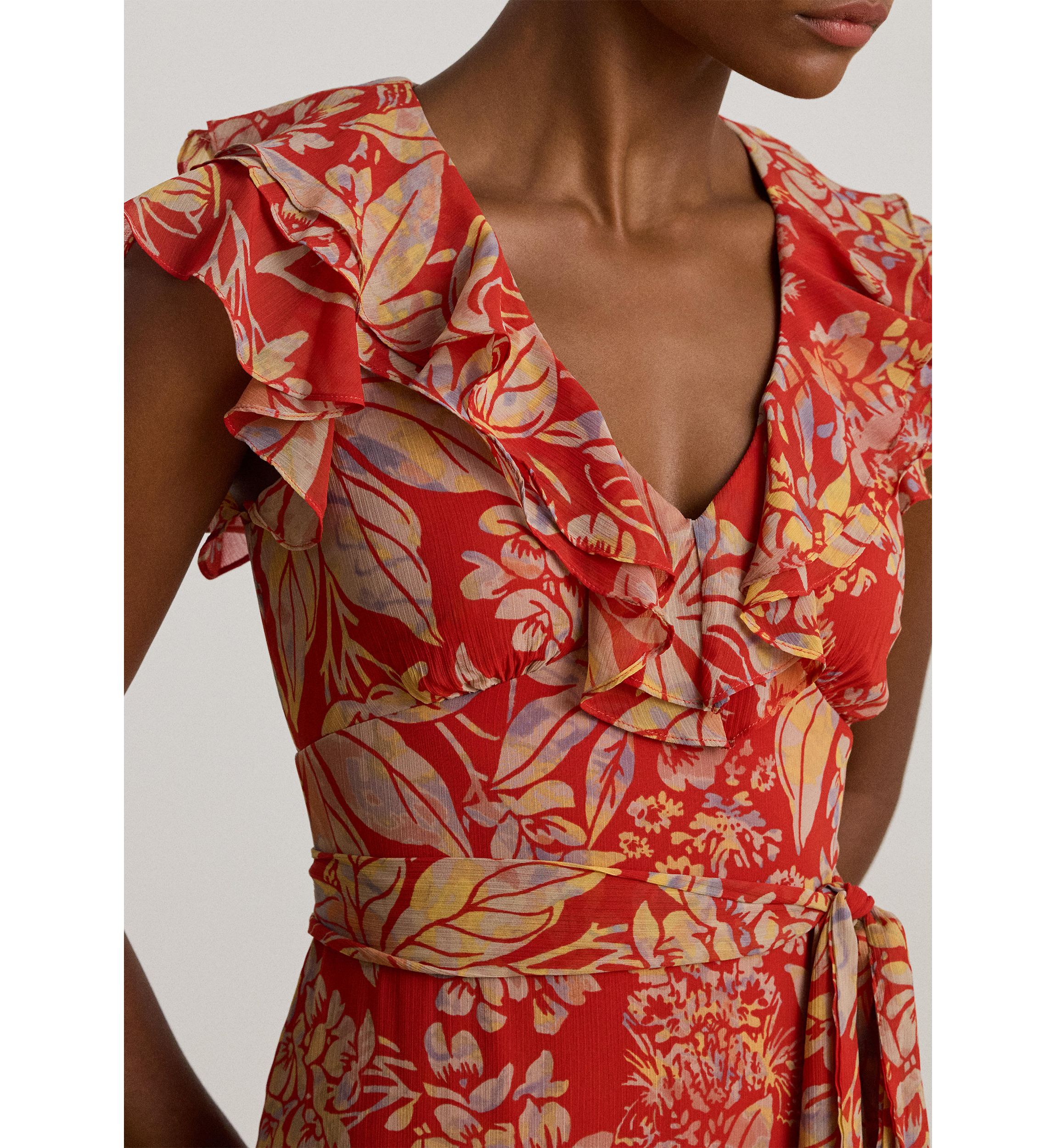 Womens Floral Belted Crinkle Georgette Gown