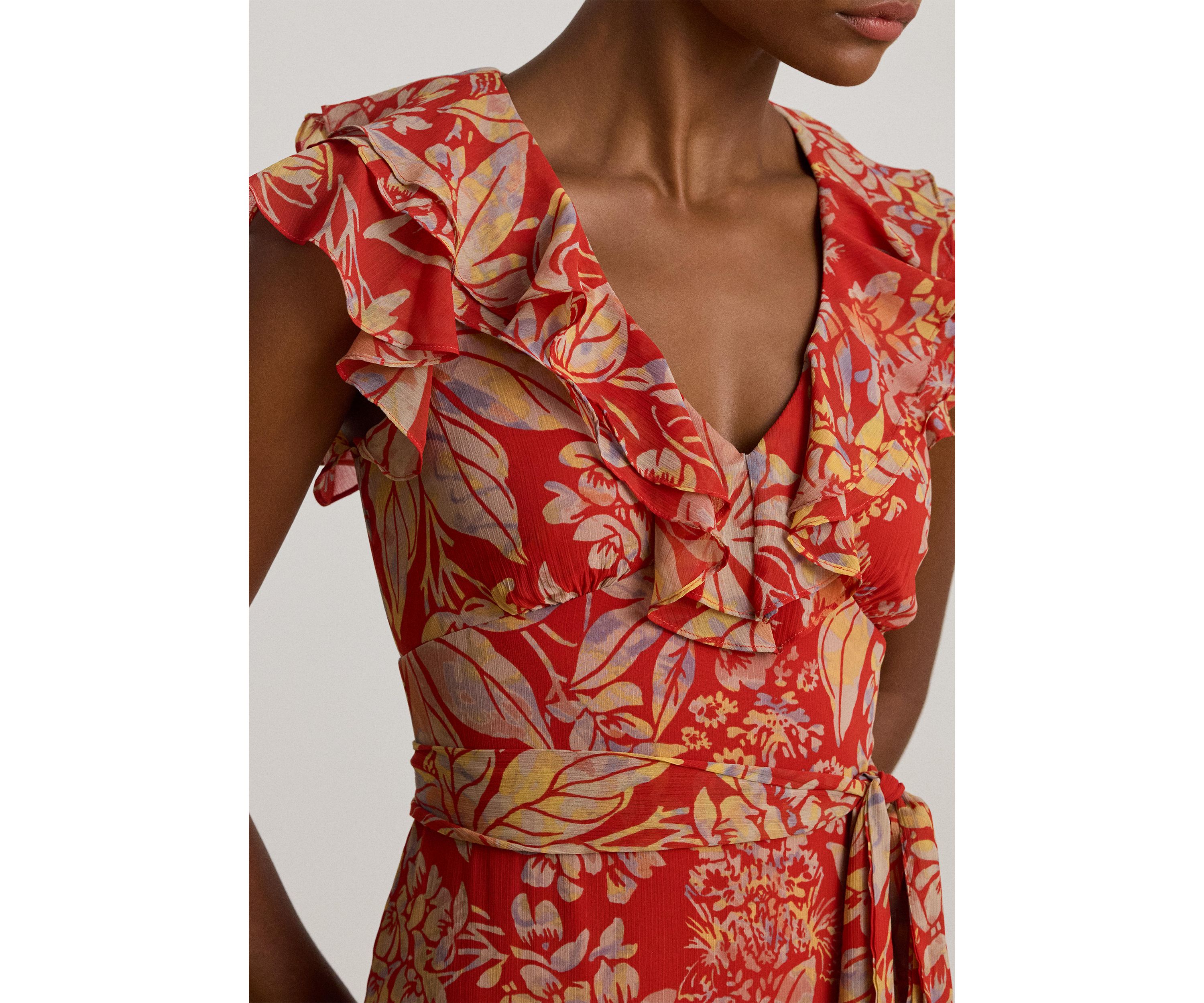 Womens Floral Belted Crinkle Georgette Gown