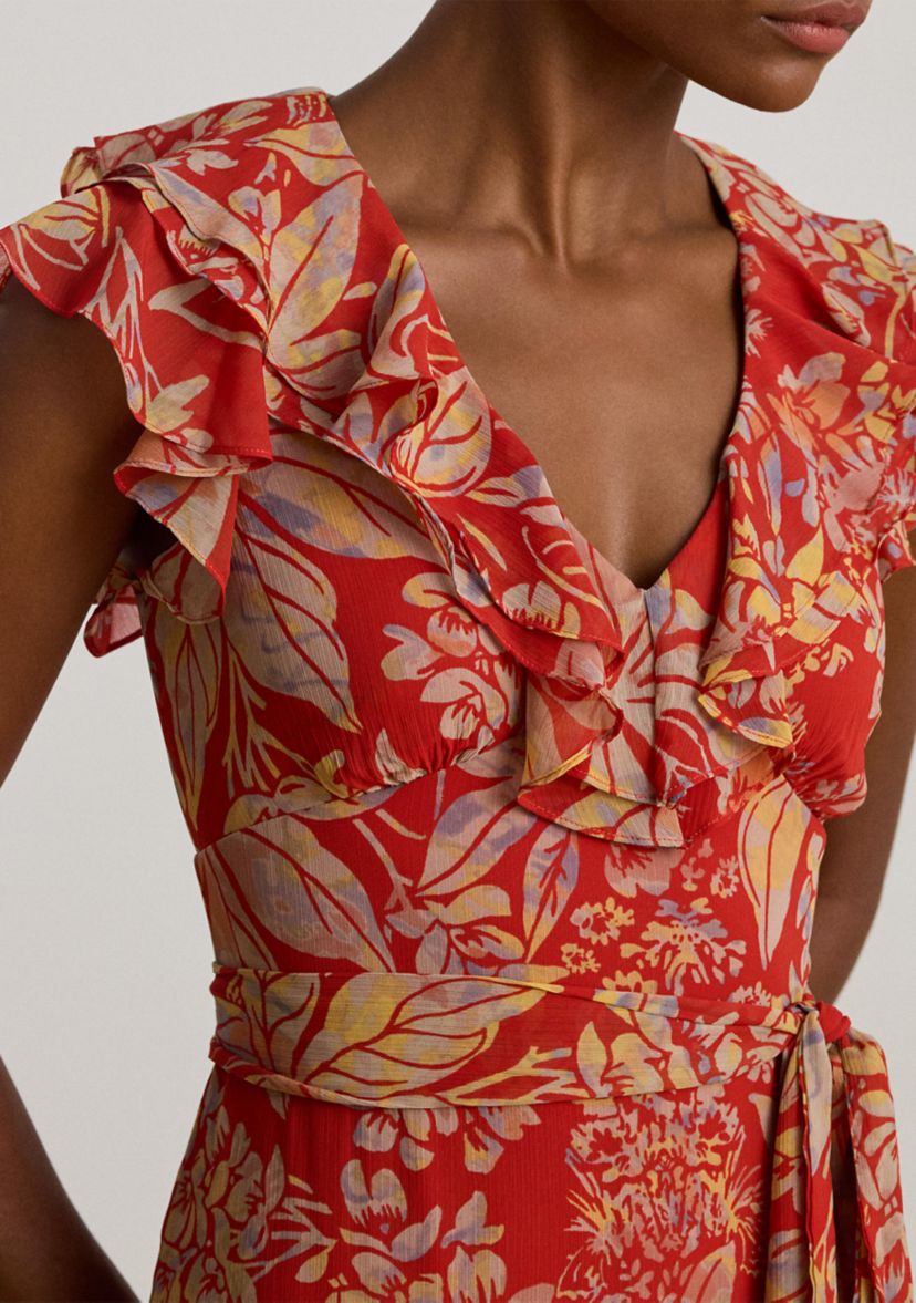 Womens Floral Belted Crinkle Georgette Gown