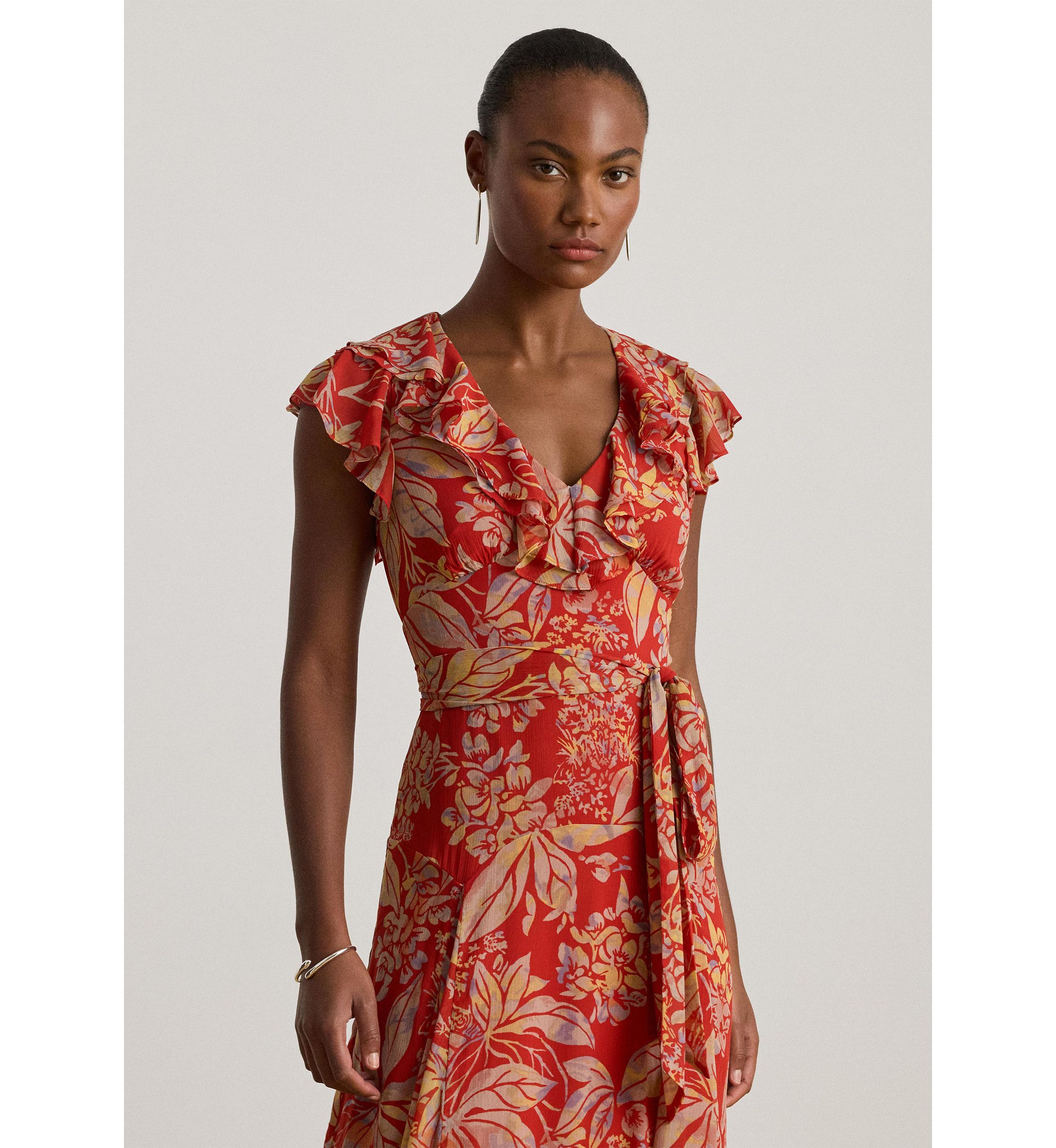 Womens Floral Belted Crinkle Georgette Gown